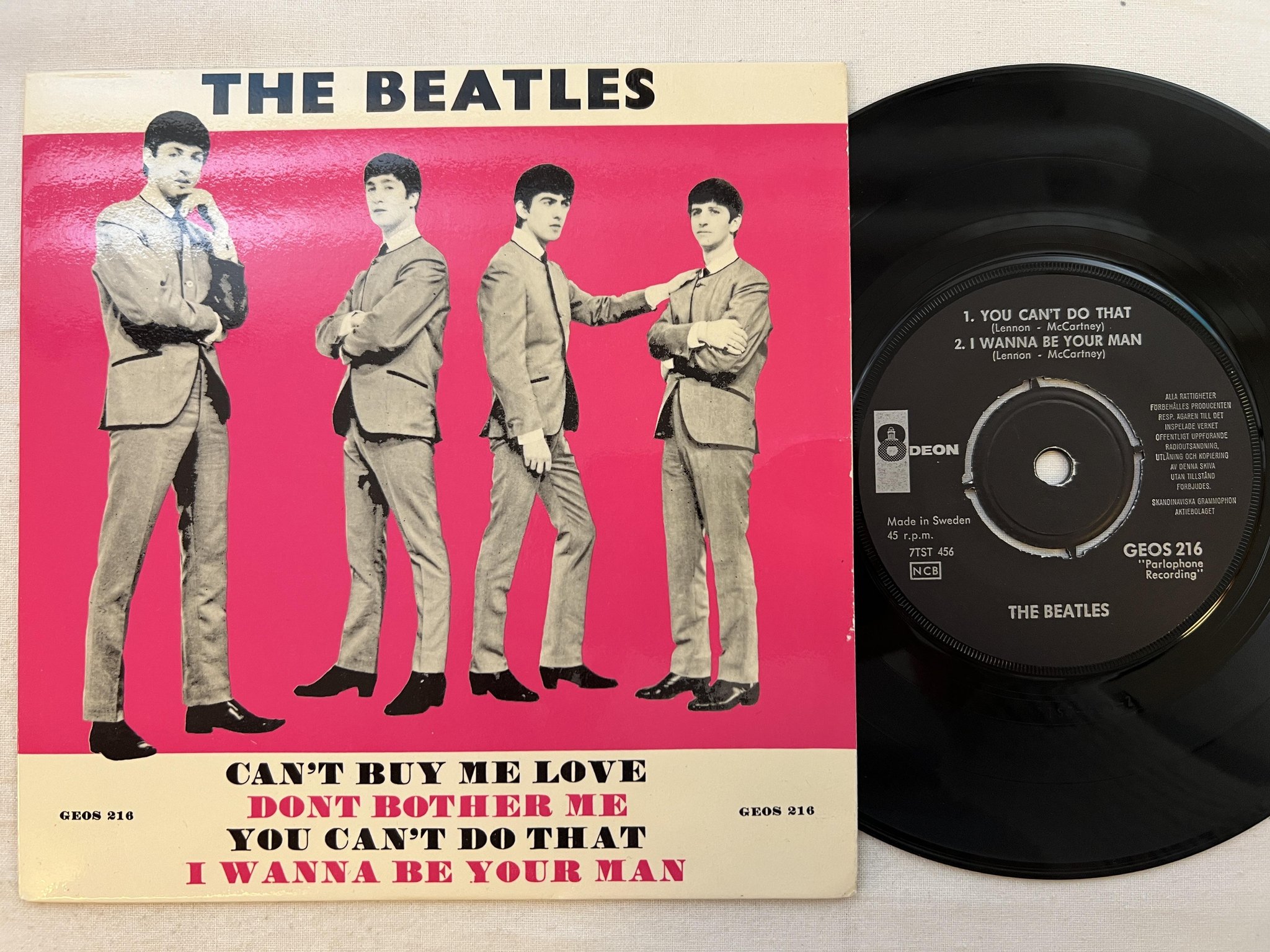 Omslagsbild för skivan THE BEATLES Can't Buy Me Love 7"ep -64 Swe ODEON GEOS 216