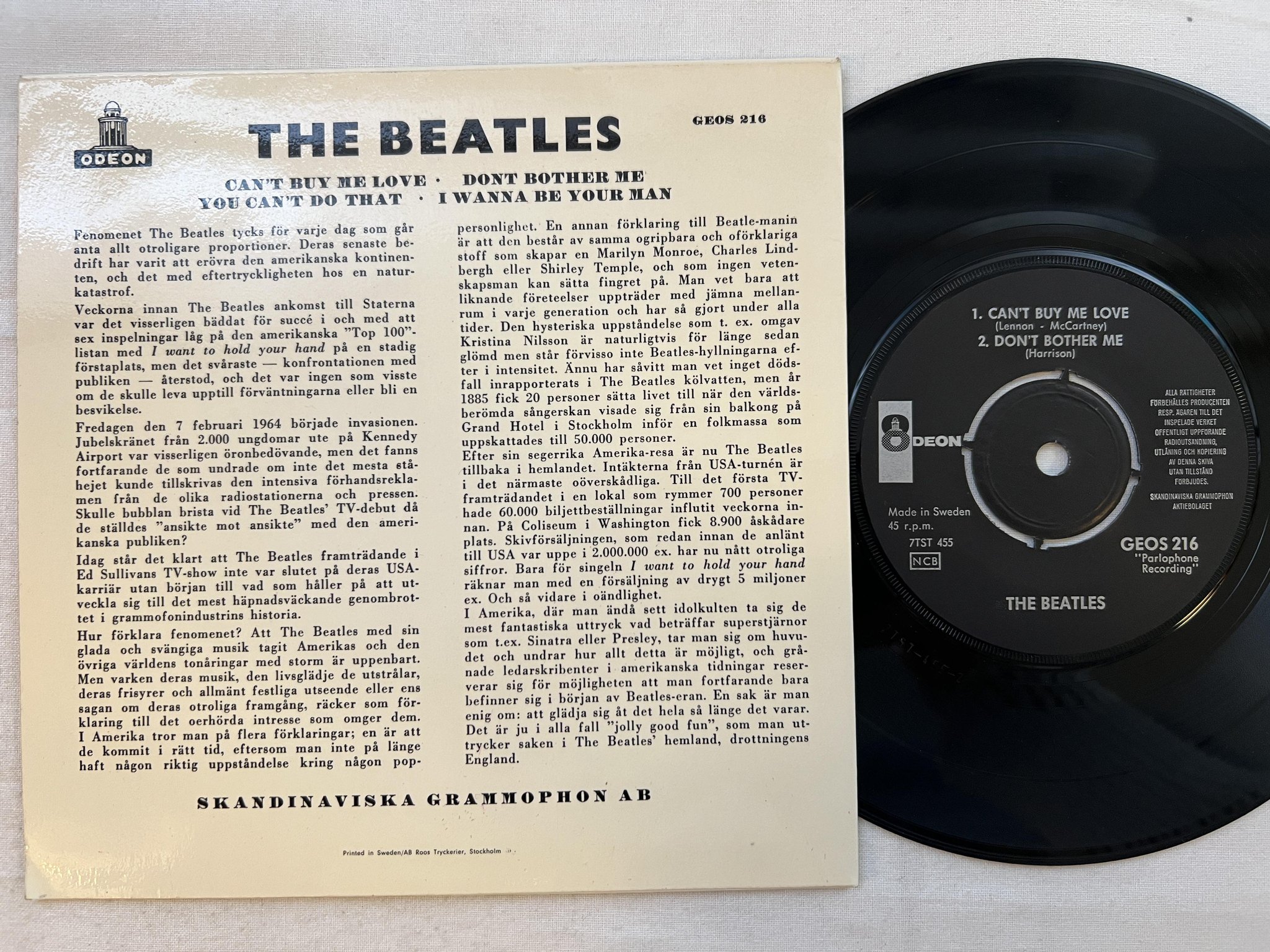 Omslagsbild för skivan THE BEATLES Can't Buy Me Love 7"ep -64 Swe ODEON GEOS 216