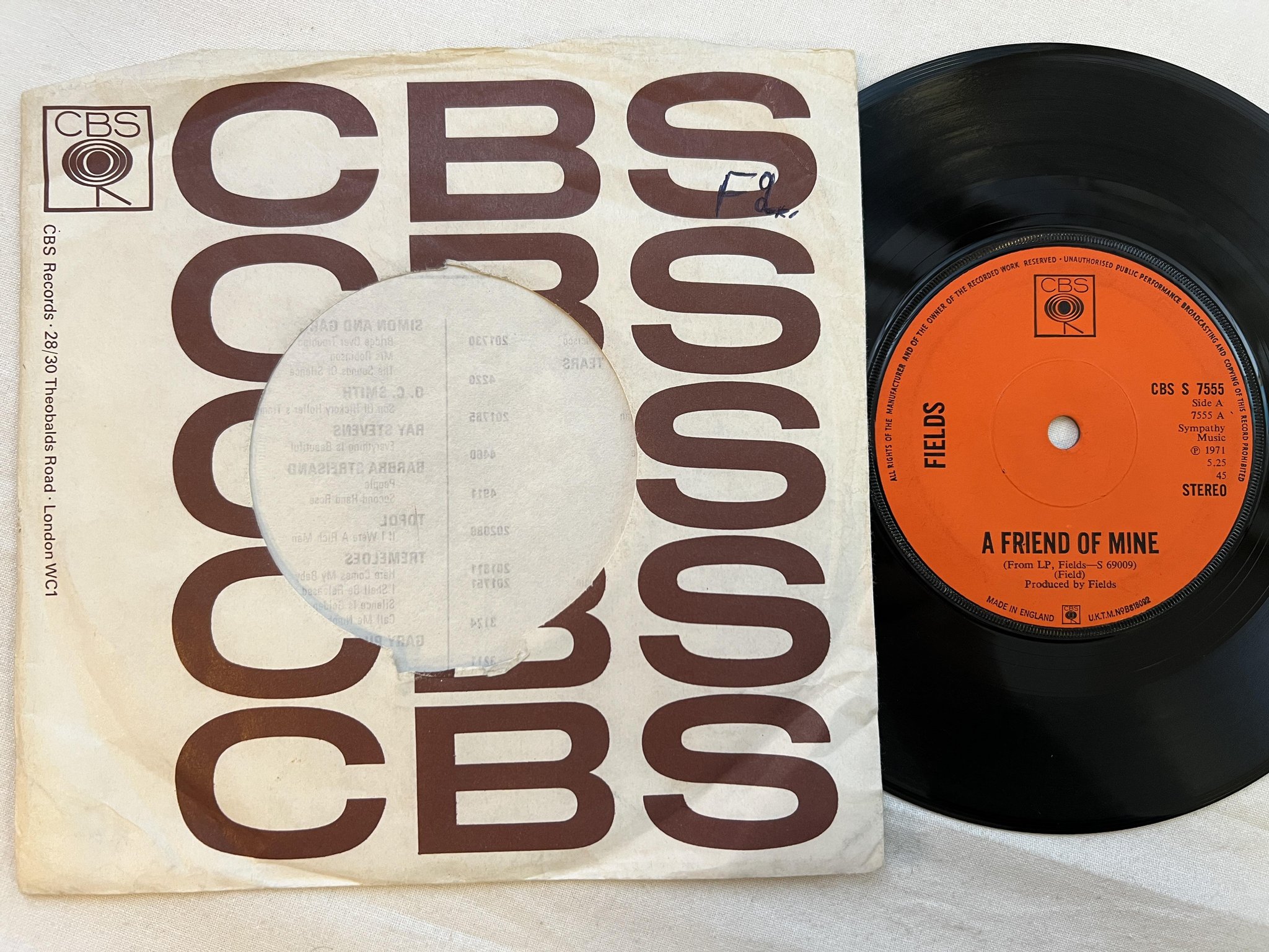 Omslagsbild för skivan FIELDS A Friend Of Mine 7" -71 UK CBS S 7555