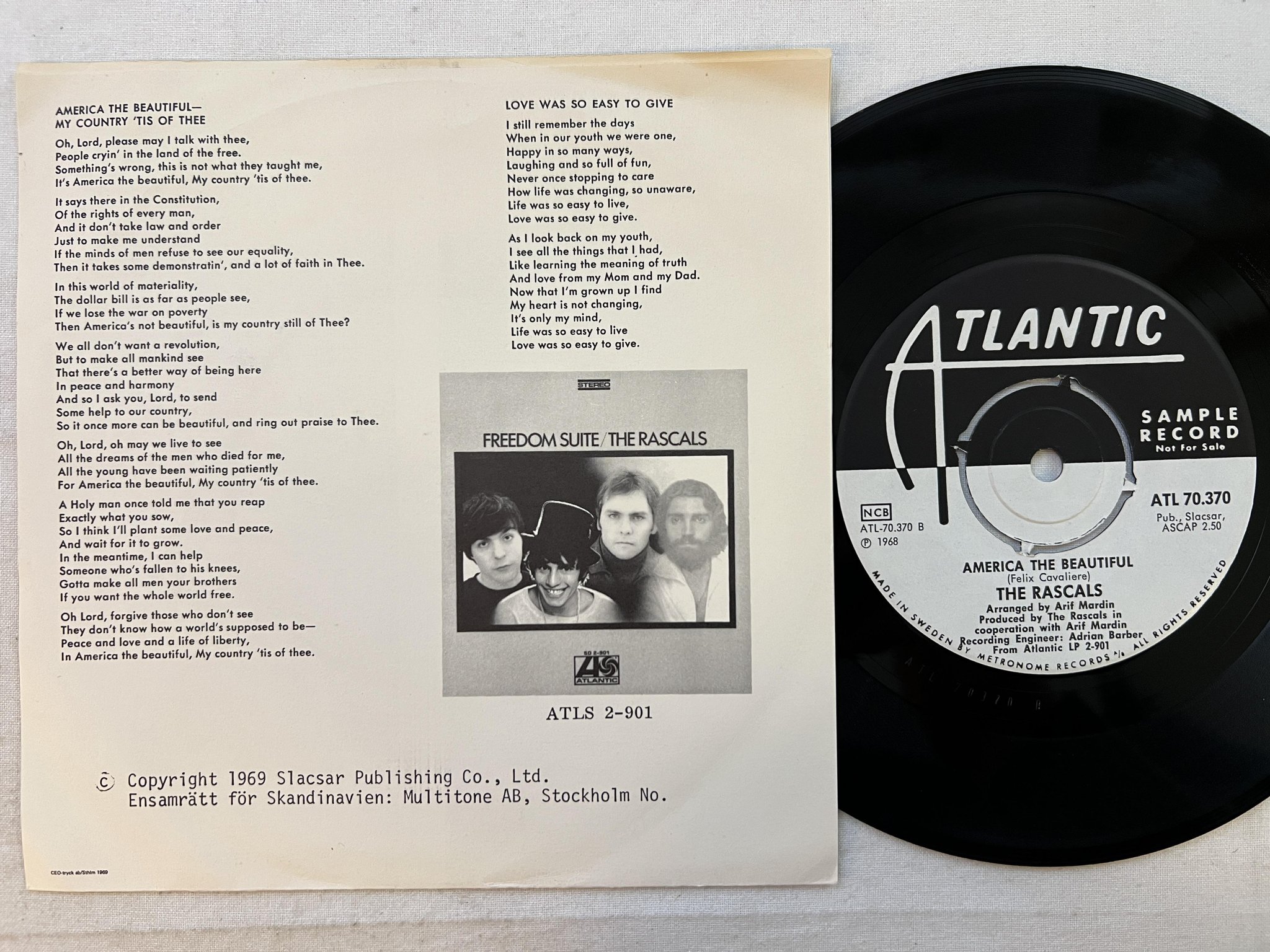 Omslagsbild för skivan THE RASCALS love was so easy ... 7" -68 Swe ATLANTIC ATL 70370 *** PROMO ***