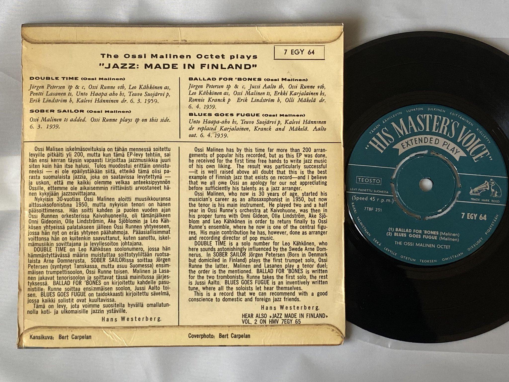 Omslagsbild för skivan THE OSSI MALINEN OCTET Jazz Made In Finland Vol 1 7"EP -59 Finland HMV 7 EGY 64