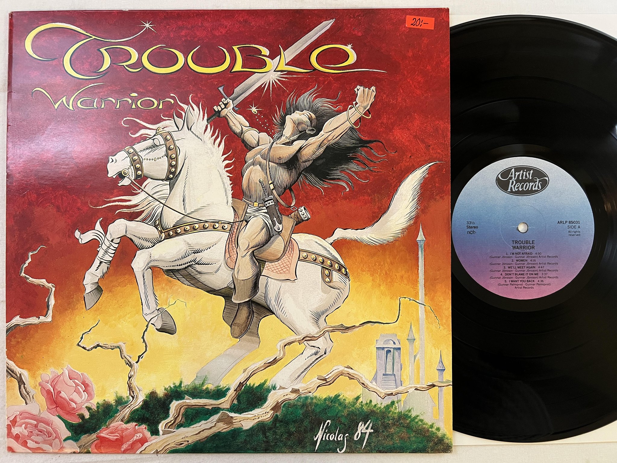 Omslagsbild för skivan TROUBLE warrior LP -85 Swe ARTIST RECORDS ARLP-85031 *** Rare Swedish Metal ***