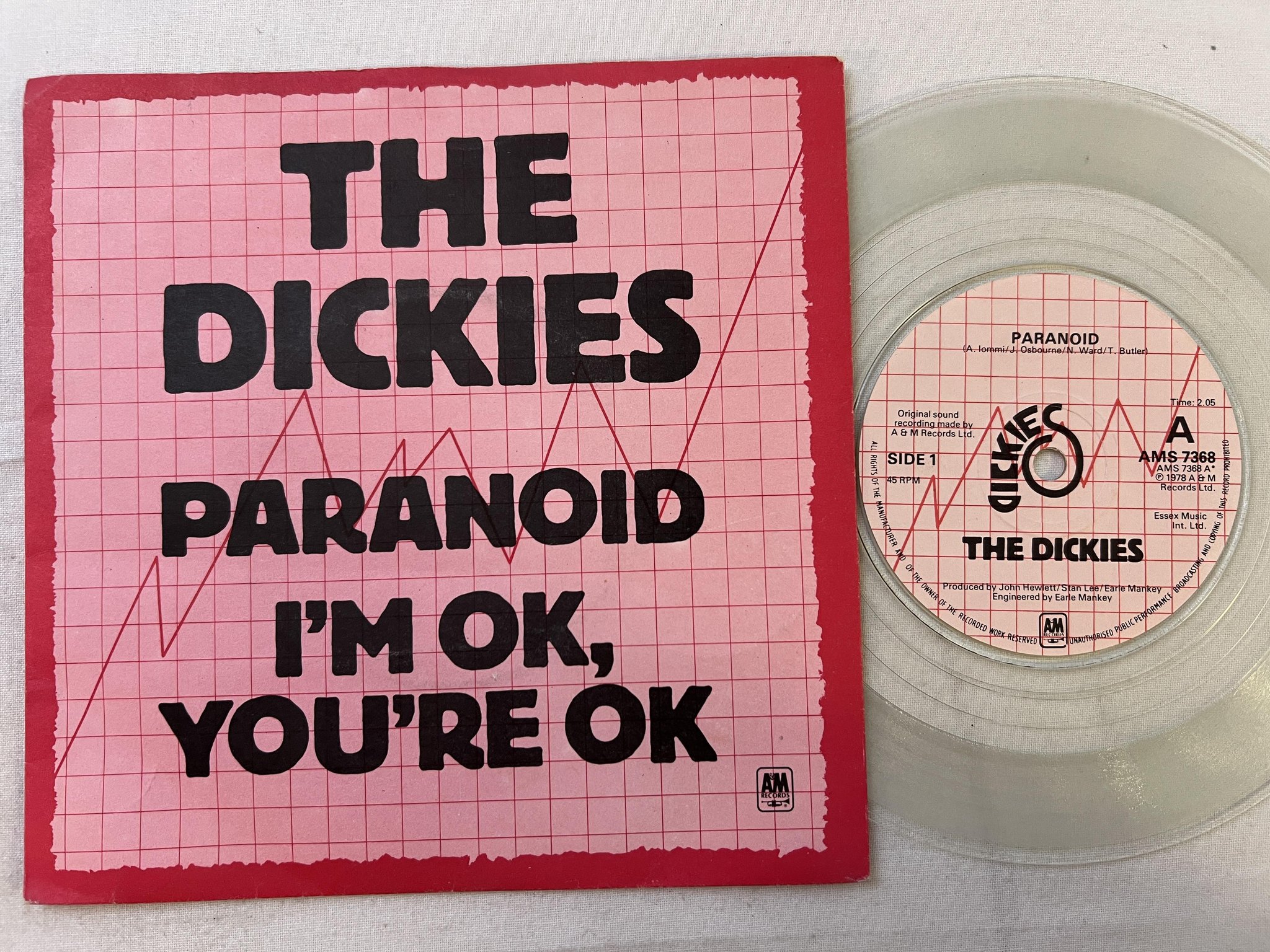 Omslagsbild för skivan THE DICKIES paranoid 7" -78 UK A&M AMS 7368 *** CLEAR VINYL ***