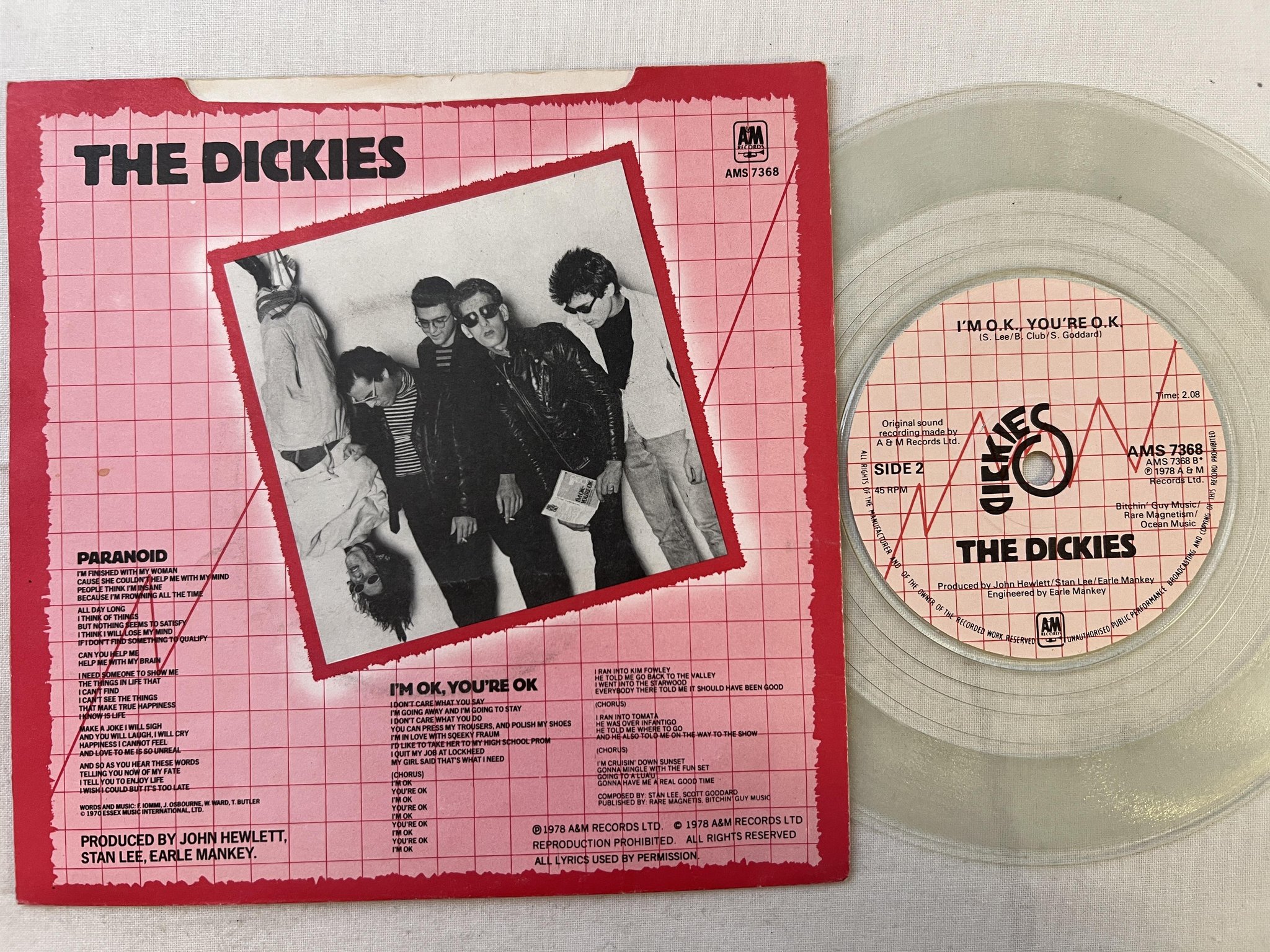 Omslagsbild för skivan THE DICKIES paranoid 7" -78 UK A&M AMS 7368 *** CLEAR VINYL ***