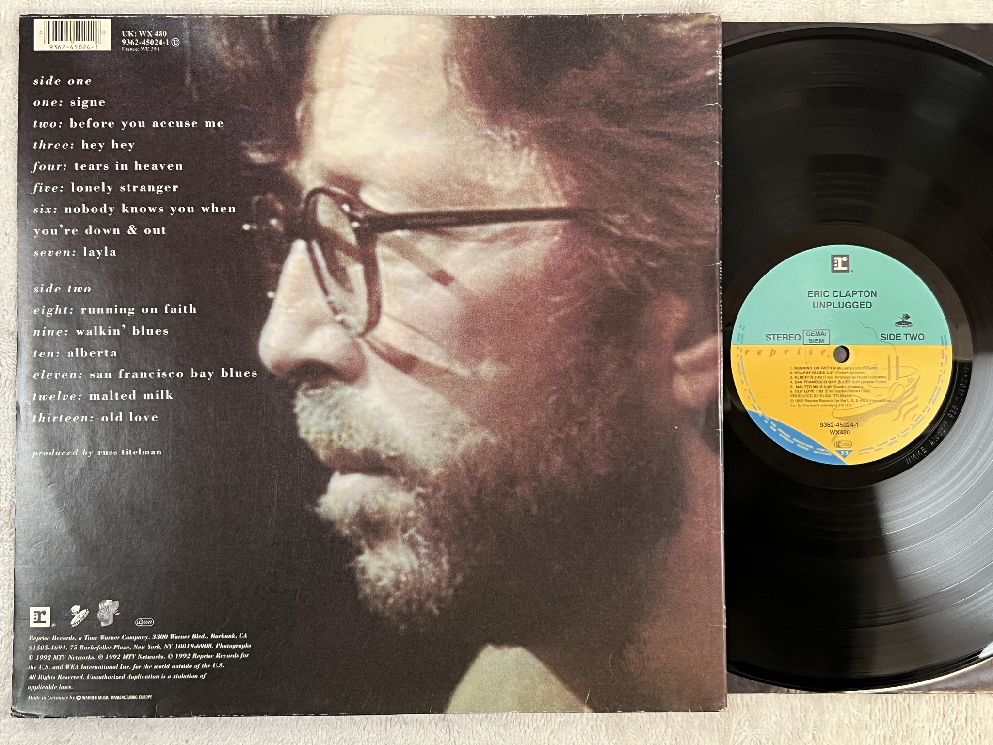 Omslagsbild för skivan ERIC CLAPTON unplugged LP -92 EU REPRISE 9362-45024-1 *** Layla ***