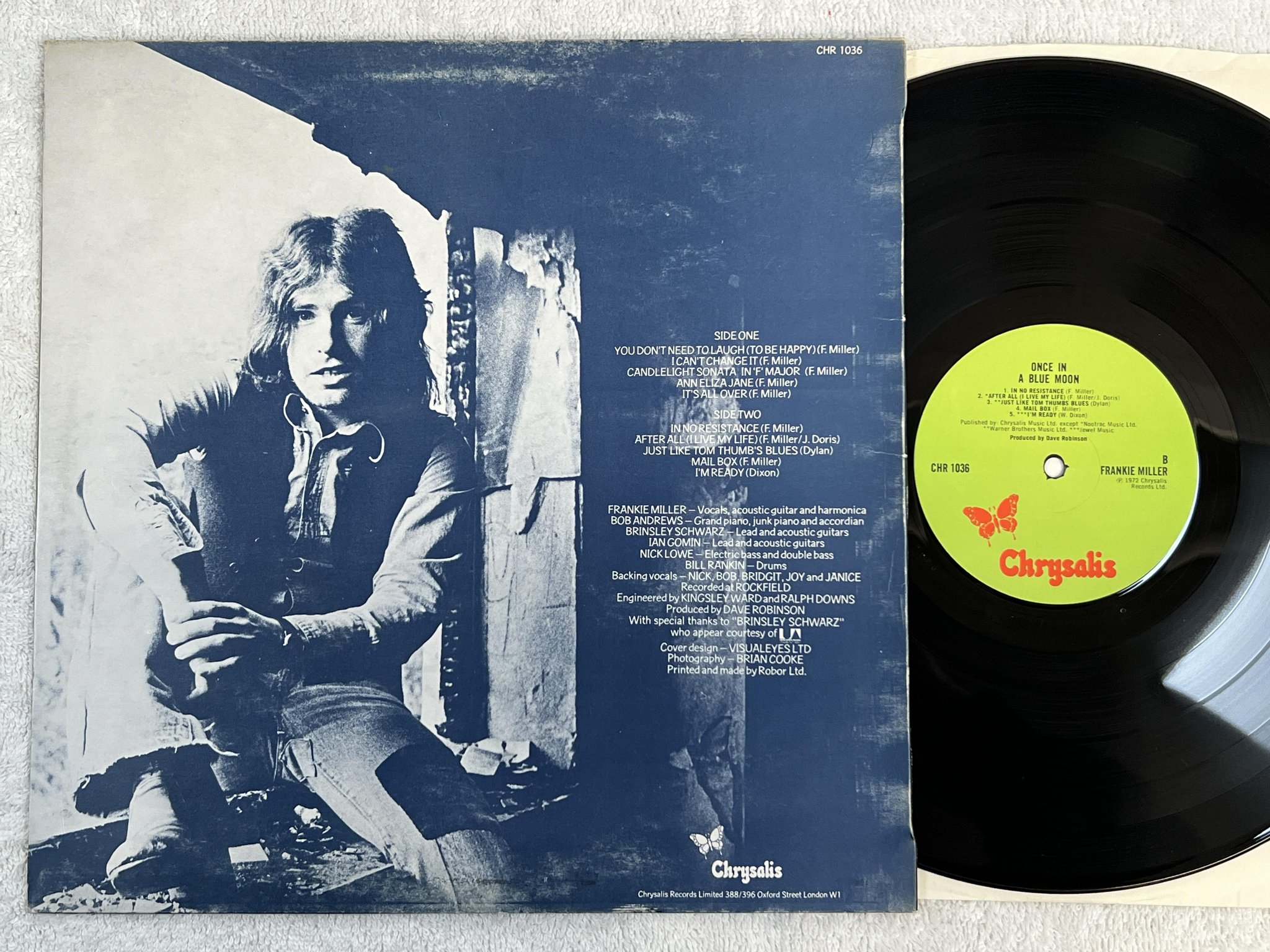 Omslagsbild för skivan FRANKIE MILLER once in a blue moon LP -72 UK CHRYSALIS CHR 1036