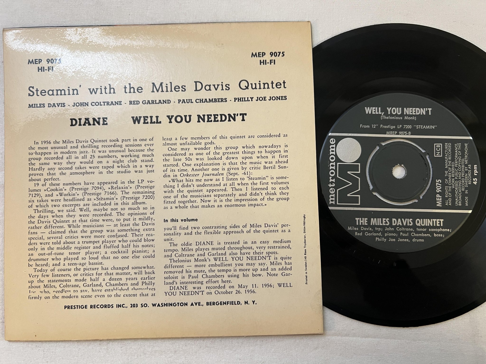 Omslagsbild för skivan MILES DAVIS QUINTET Diane 7" Swe METRONOME MREP 9075