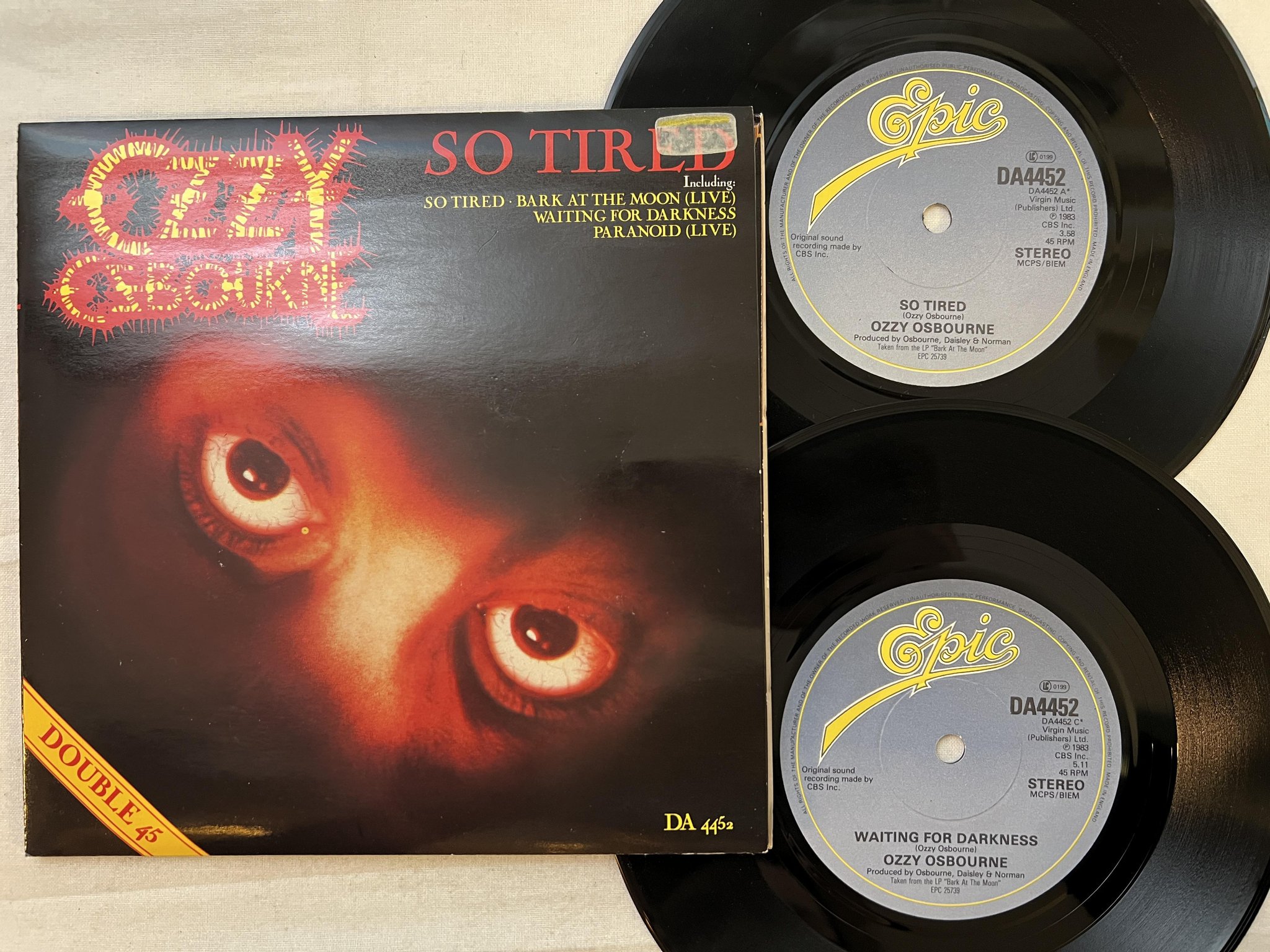 Omslagsbild för skivan OZZY OSBOURNE so tired 2x7" -84 UK EPIC DA 4452