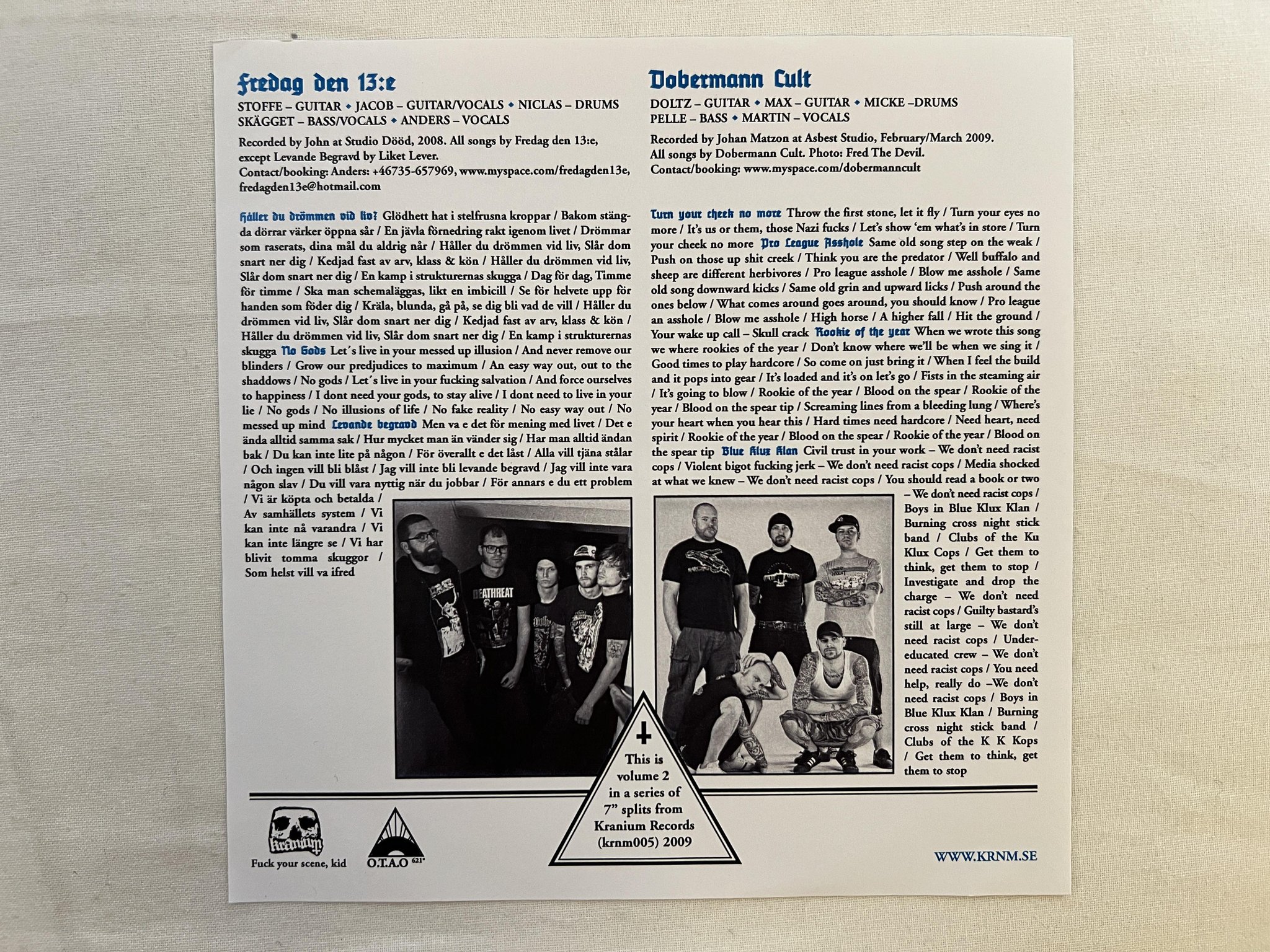 Omslagsbild för skivan Fredag Den 13:e / Dobermann Cult - Fuck Your Scene Kid Volume 2 7" 2009 Swe