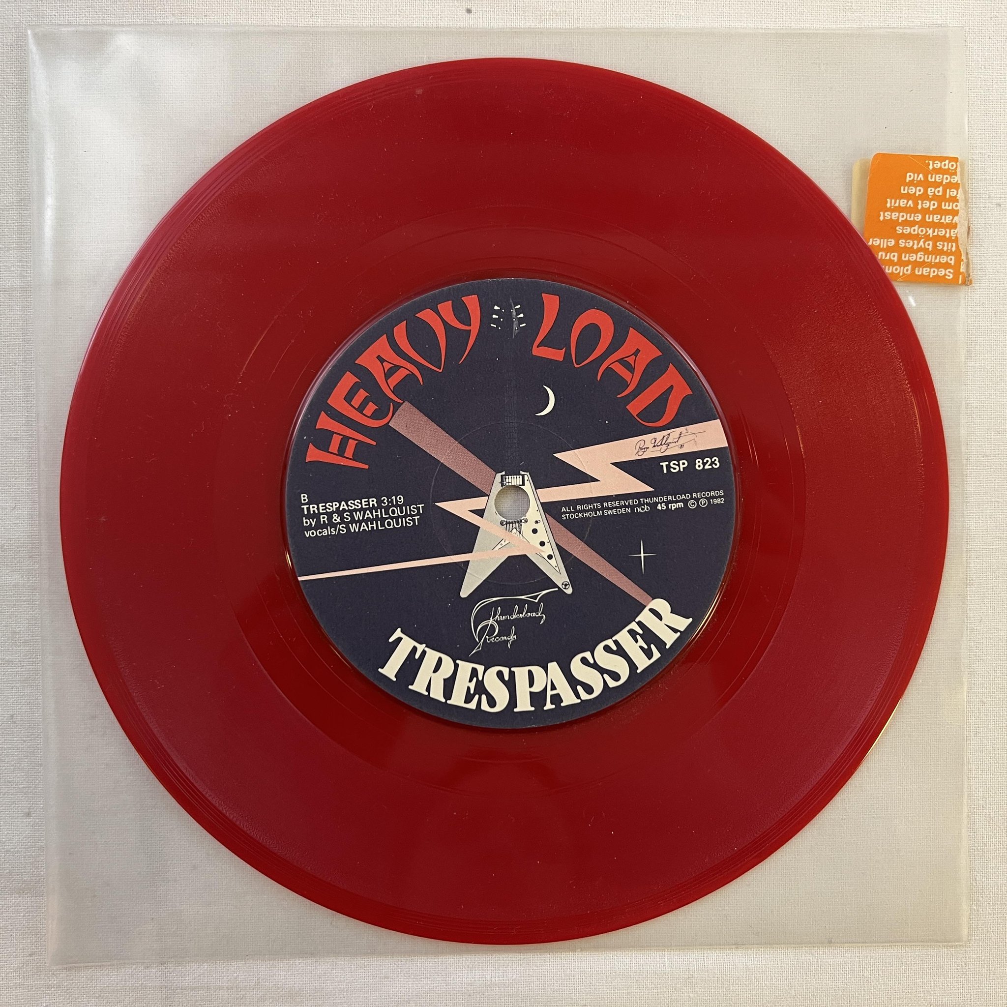 Omslagsbild för skivan HEAVY LOAD take me away 7" -82 THUNDERLOAD TSP 823 ** RED VINYL **