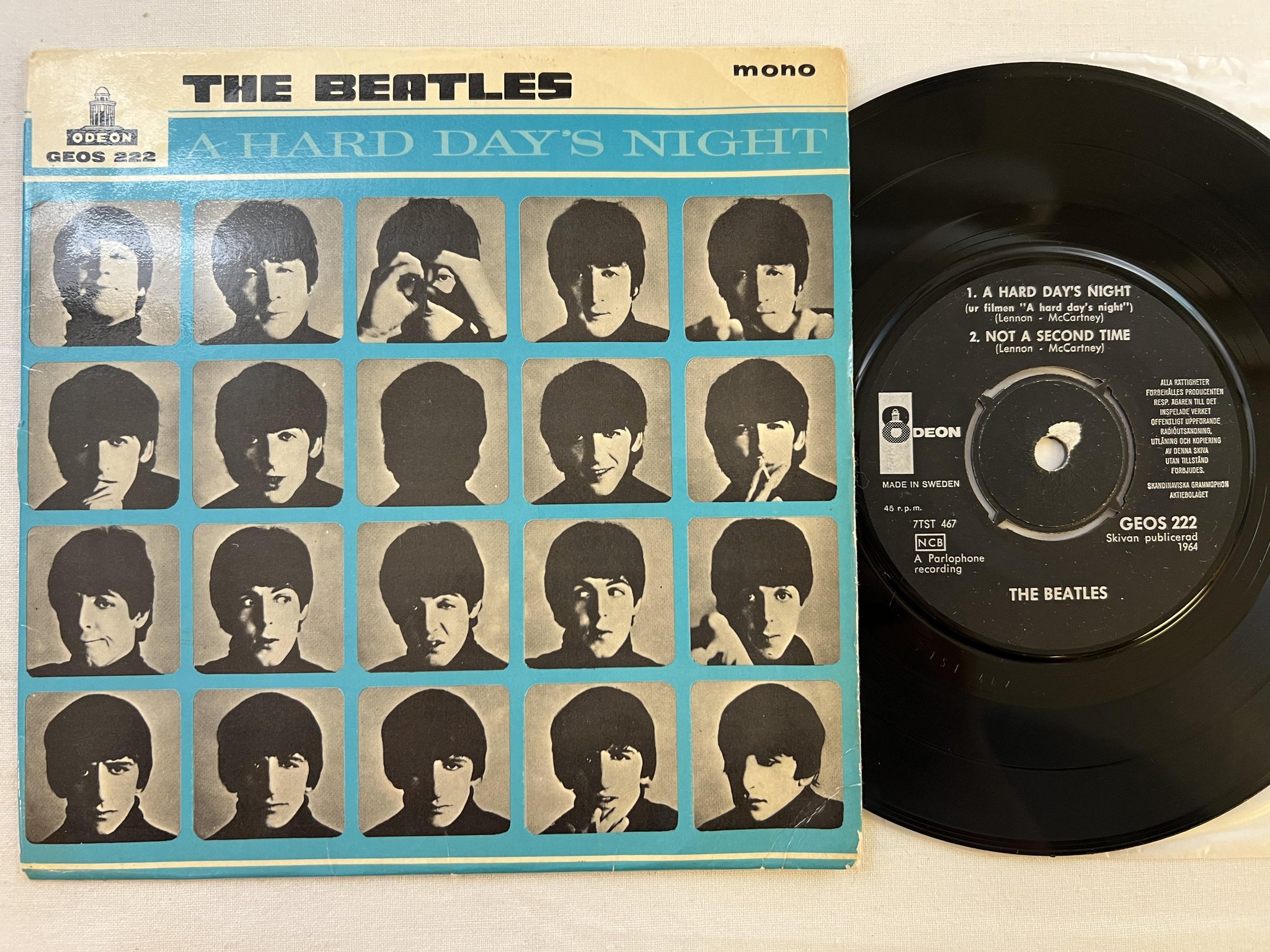 Omslagsbild för skivan THE BEATLES a hard day's night 7" -64 Swe ODEON GEOS 222 *** RARE SLEEVE **
