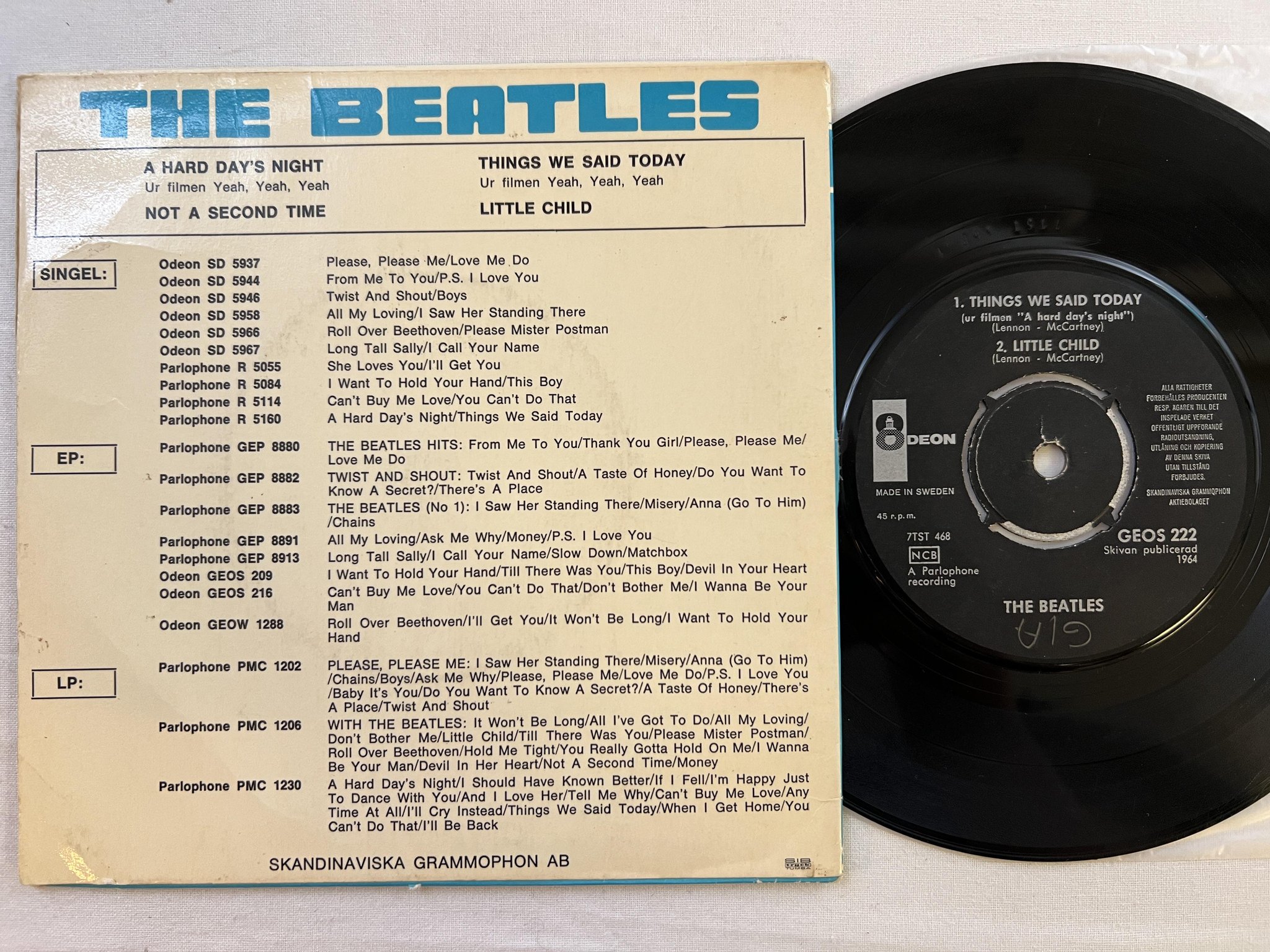 Omslagsbild för skivan THE BEATLES a hard day's night 7" -64 Swe ODEON GEOS 222 *** RARE SLEEVE **