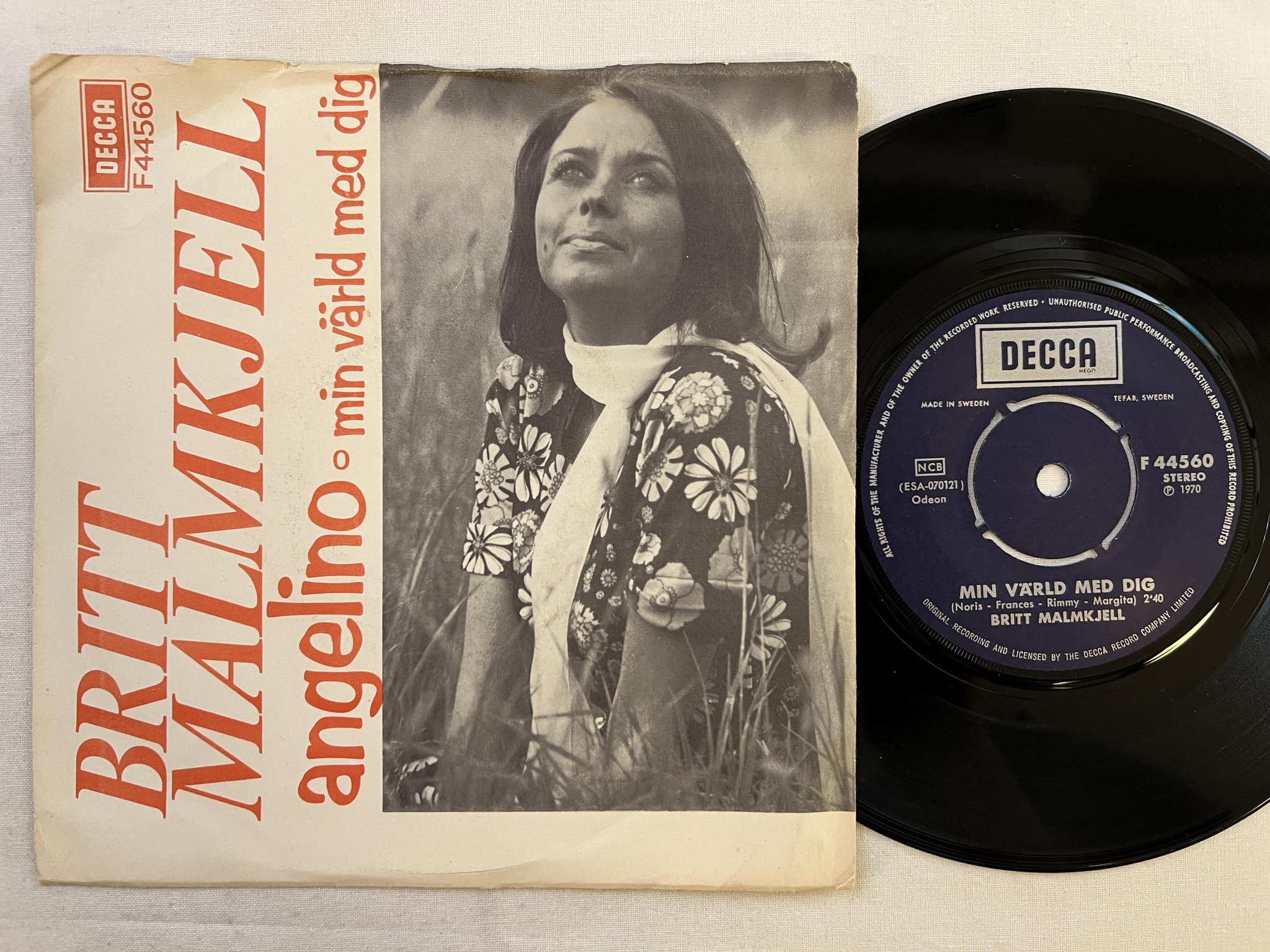 Omslagsbild för skivan BRITT MALMKJELL Angelino 7" -70 Swe DECCA F44560