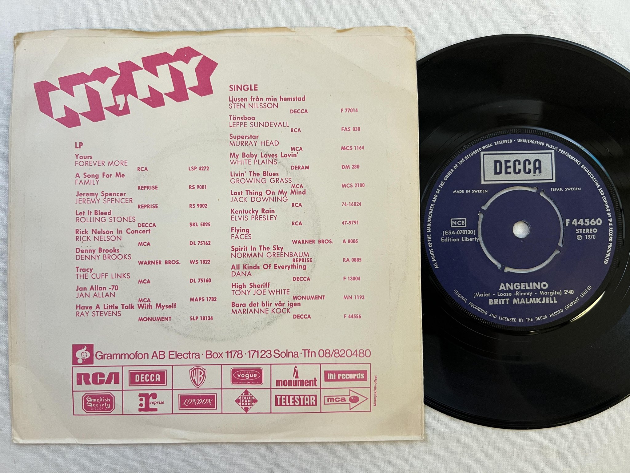 Omslagsbild för skivan BRITT MALMKJELL Angelino 7" -70 Swe DECCA F44560