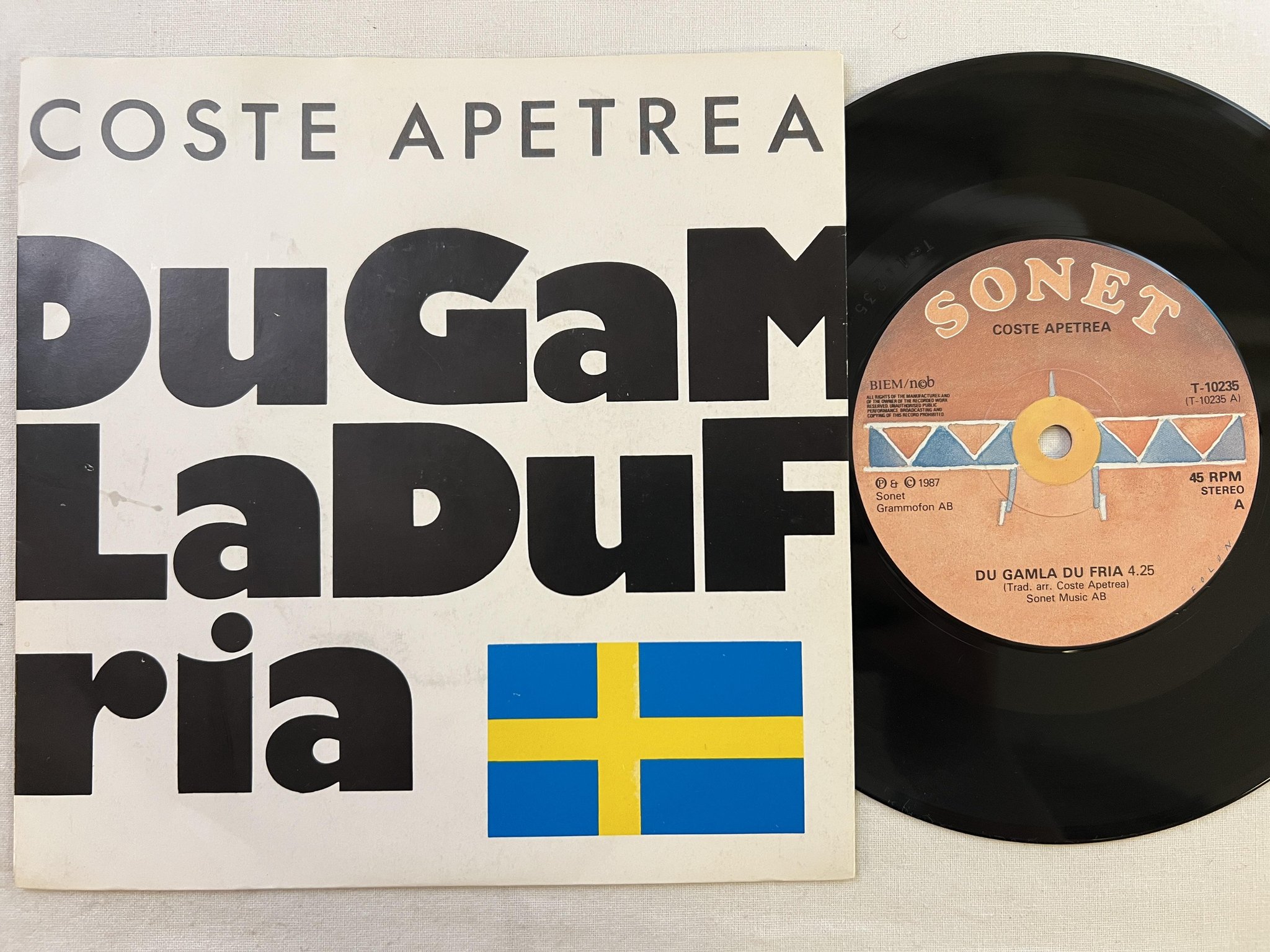 Omslagsbild för skivan COSTE APETREA du gamla du fria 7" -87 Swe SONET T-10235