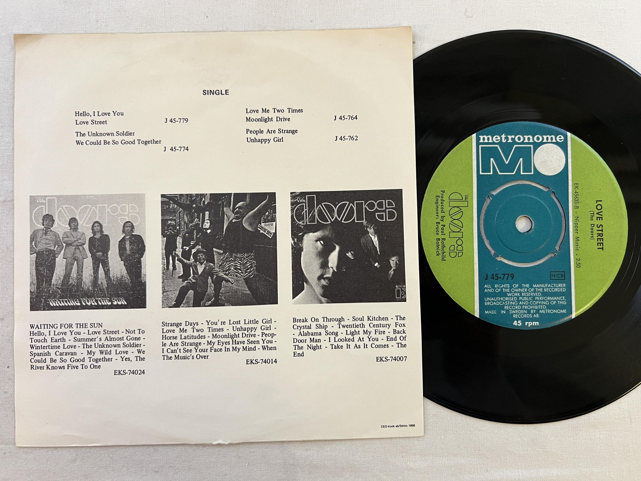 Omslagsbild för skivan THE DOORS Hello, I Love You 7" -68 Swe METRONOME J 45-779