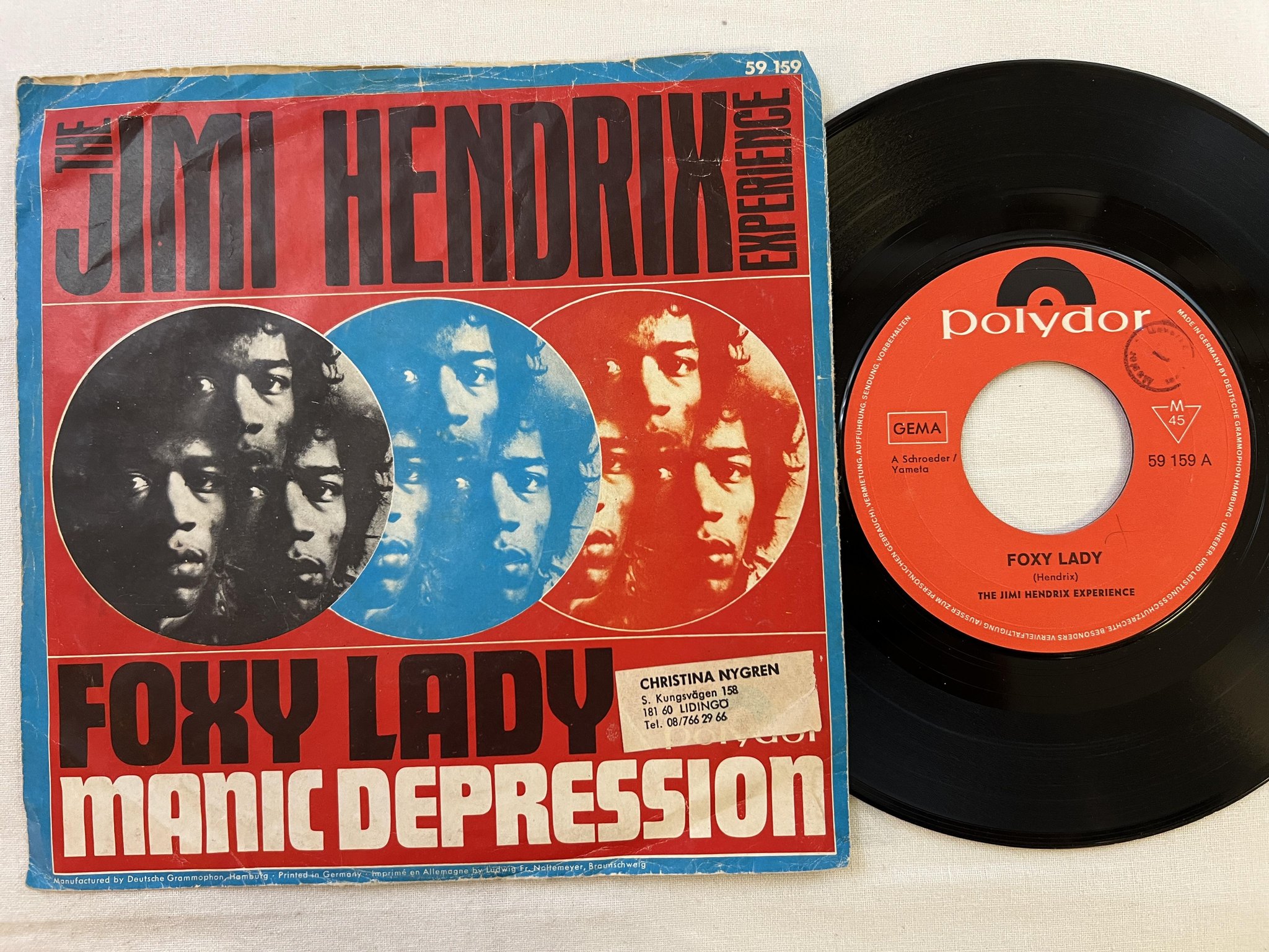 Omslagsbild för skivan JIMI HENDRIX EXPERIENCE foxy lady 7" -67 Ger POLYDOR 59 159