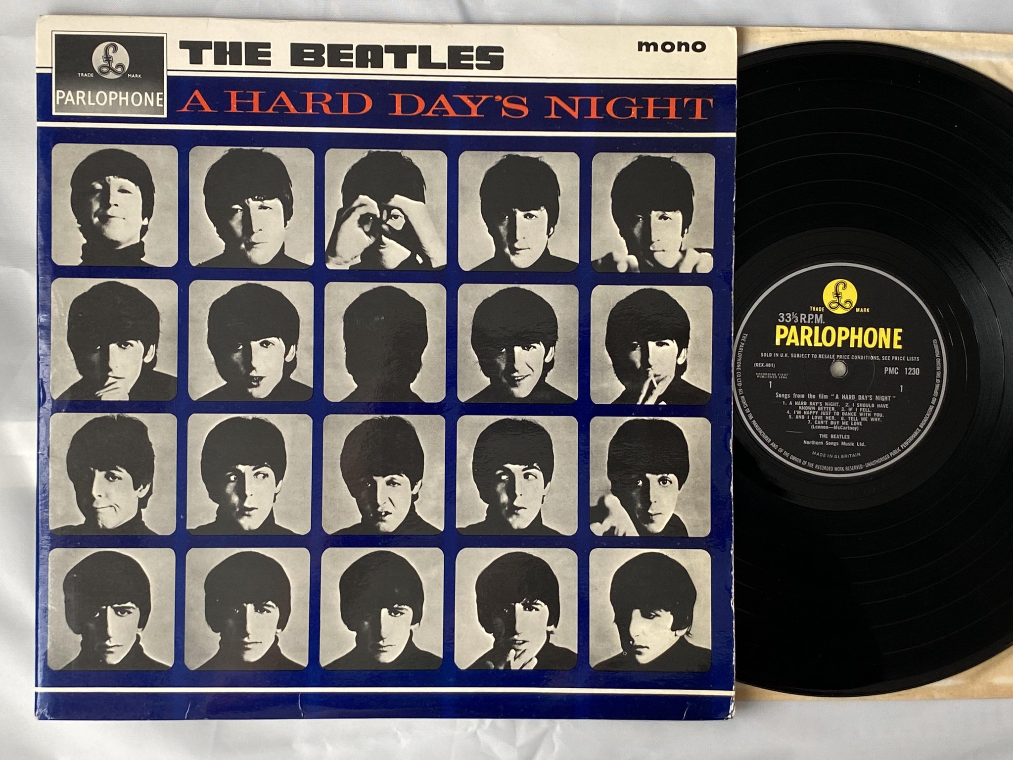 Omslagsbild för skivan THE BEATLES a hard day's night LP -64 UK PARLOPHONE PMC 1230
