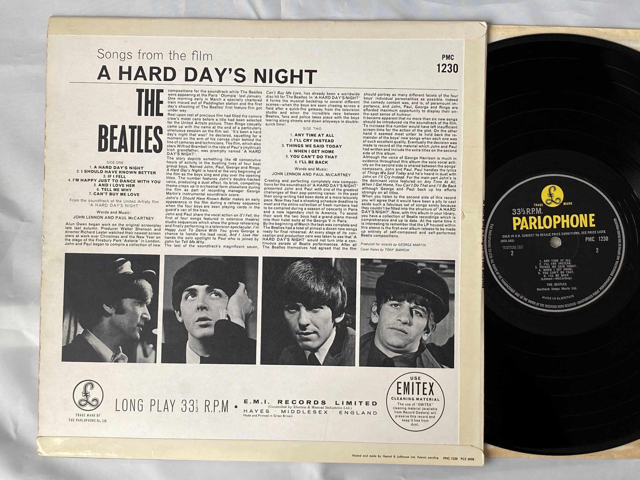 Omslagsbild för skivan THE BEATLES a hard day's night LP -64 UK PARLOPHONE PMC 1230