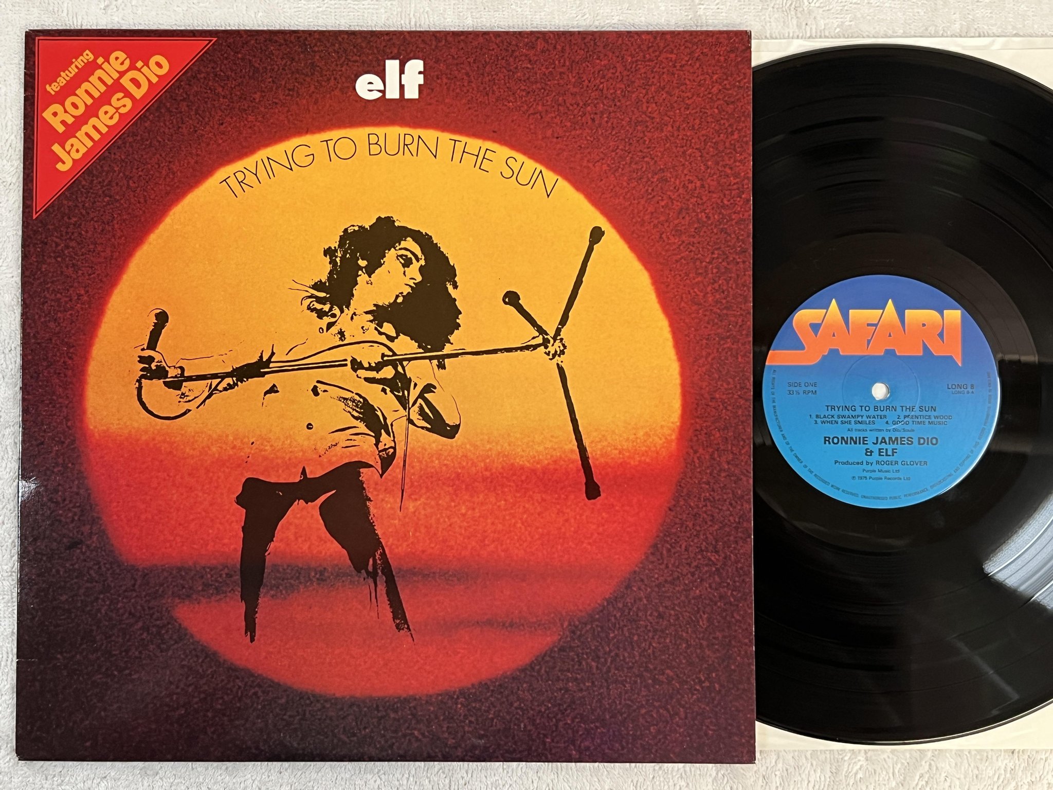 Omslagsbild för skivan RONNIE JAMES DIO & ELF trying to burn the sun LP re UK SAFARI LONG 8