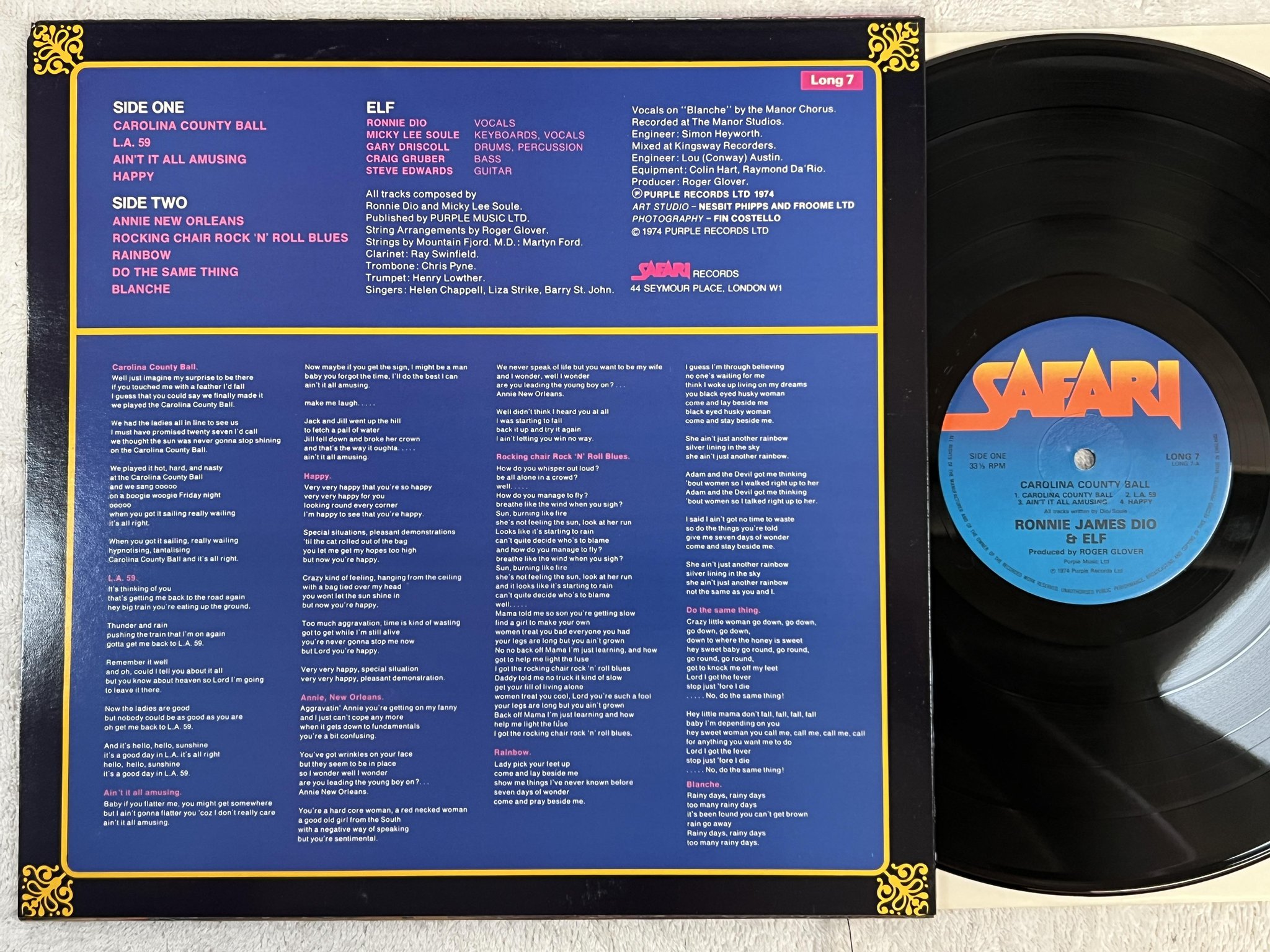 Omslagsbild för skivan RONNIE JAMES DIO & ELF carolina county ball LP re UK SAFARI LONG 7