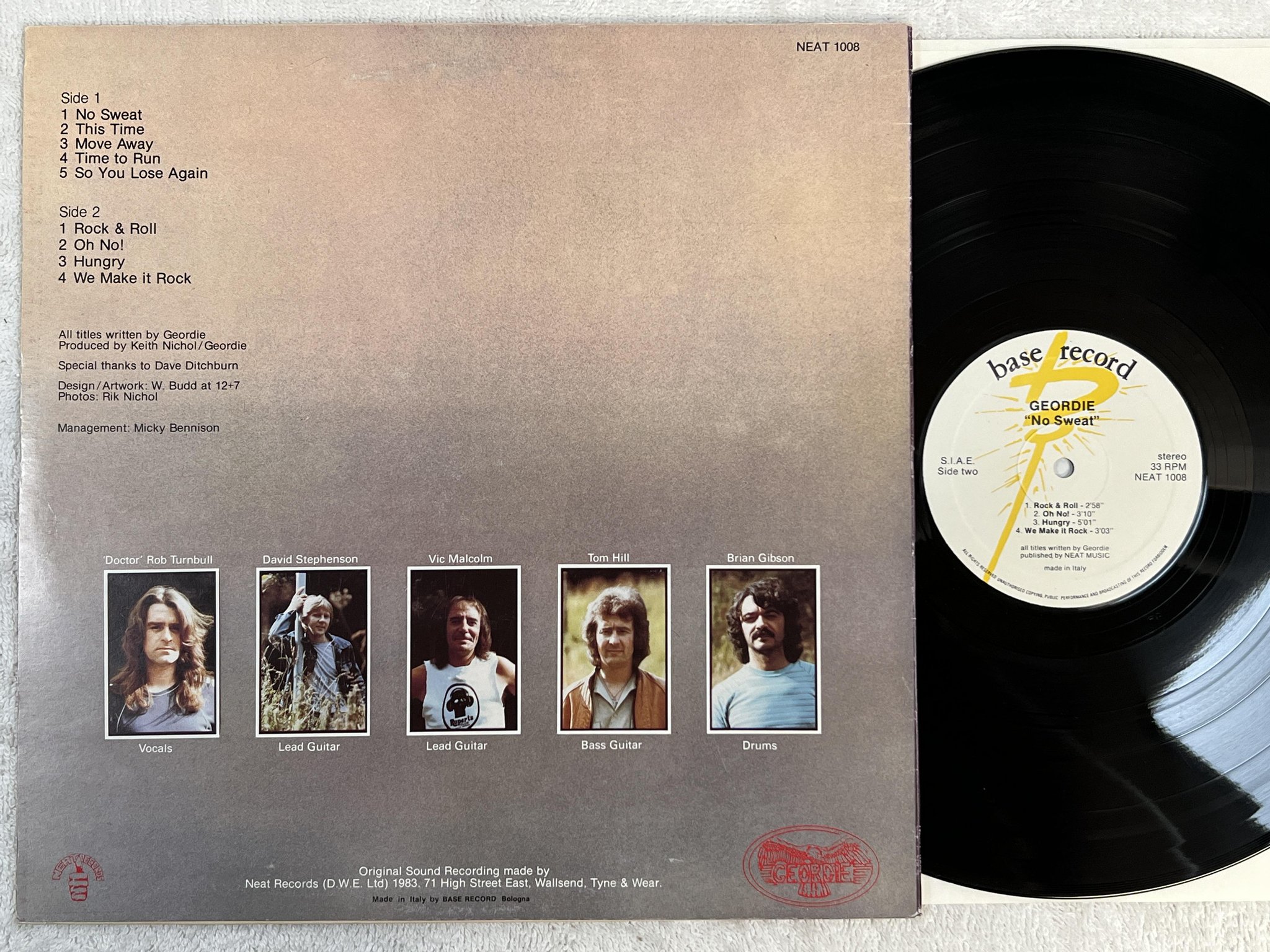 Omslagsbild för skivan GEORDIE no sweat LP -83 Ita BASE NEAT 1008