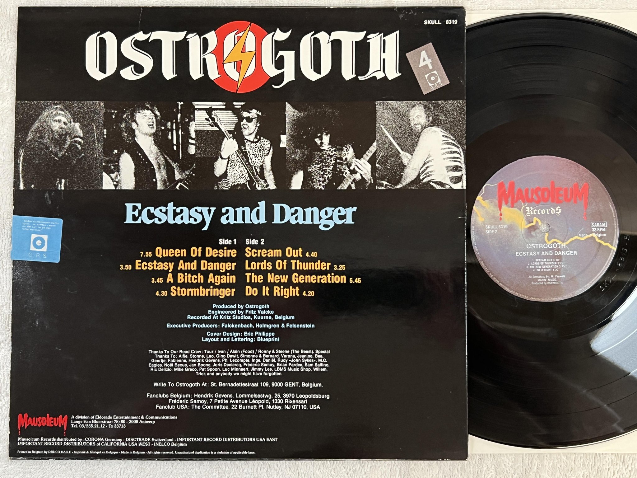 Omslagsbild för skivan OSTROGOTH Ecstasy And Danger LP -84 Belgium MAUSOLEUM SKULL 8319