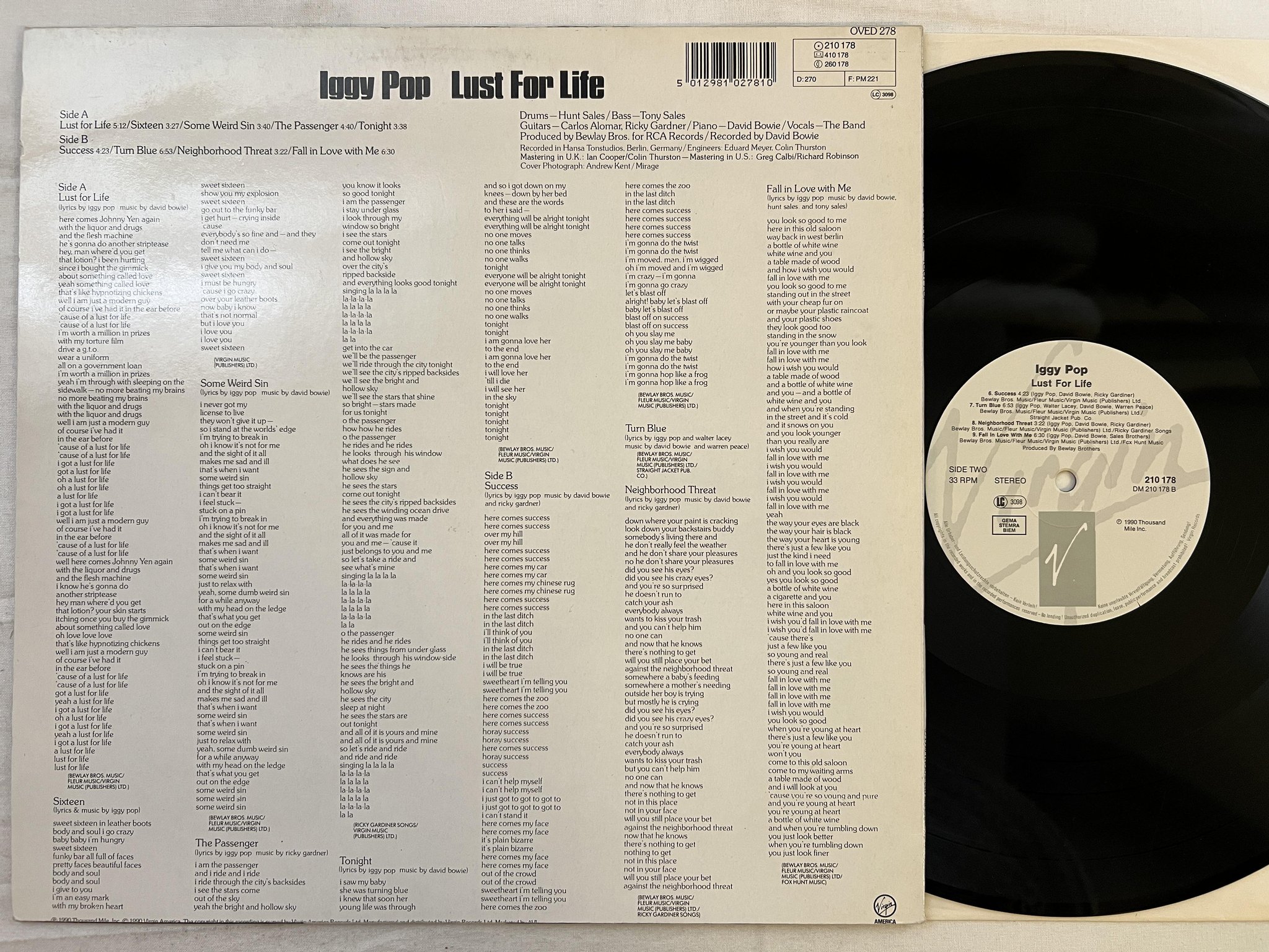 Omslagsbild för skivan IGGY POP lust for life LP -90 VIRGIN 210178