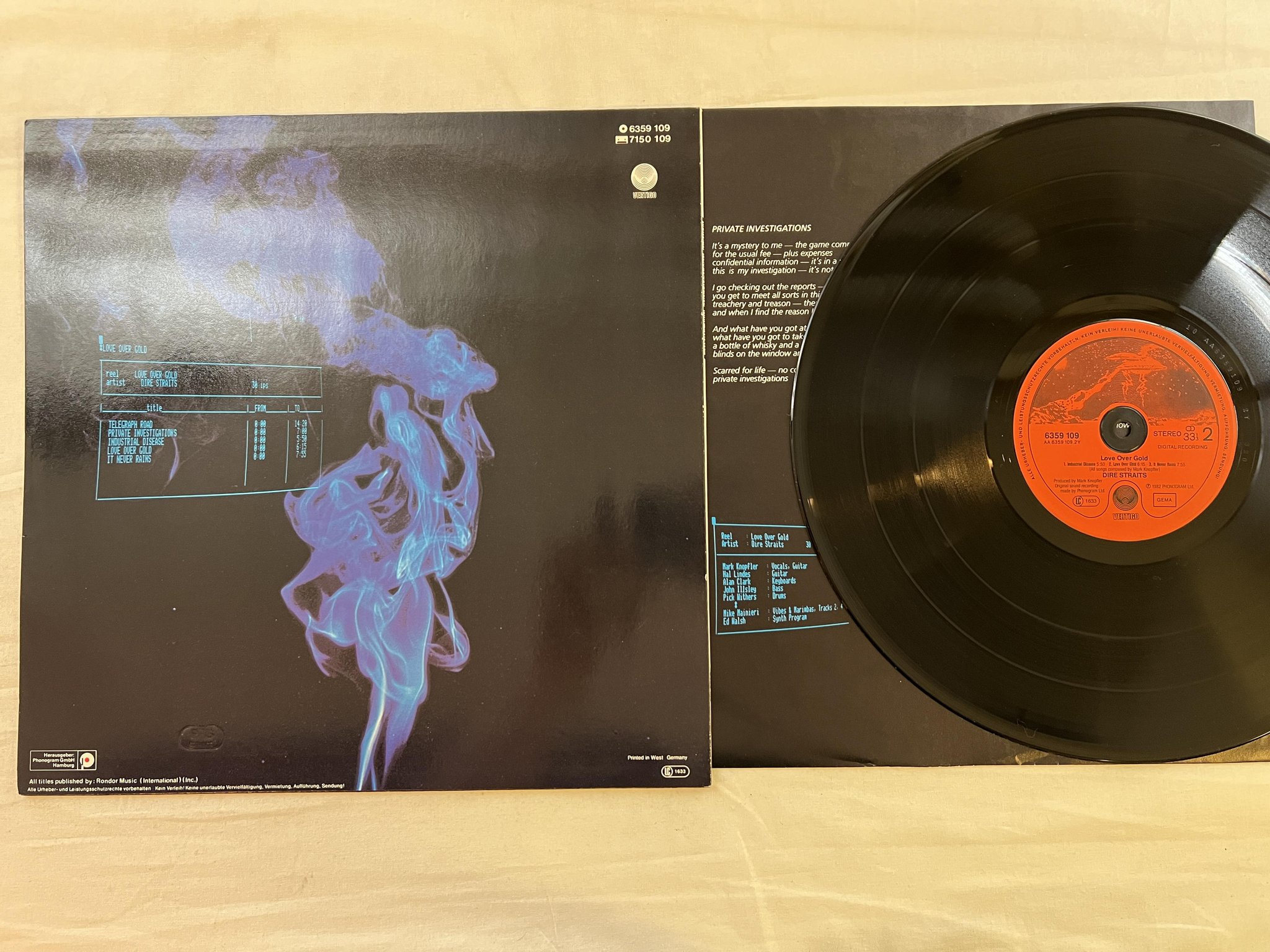 Omslagsbild för skivan DIRE STRAITS love over gold LP -82 Ger VERTIGO 6359 109