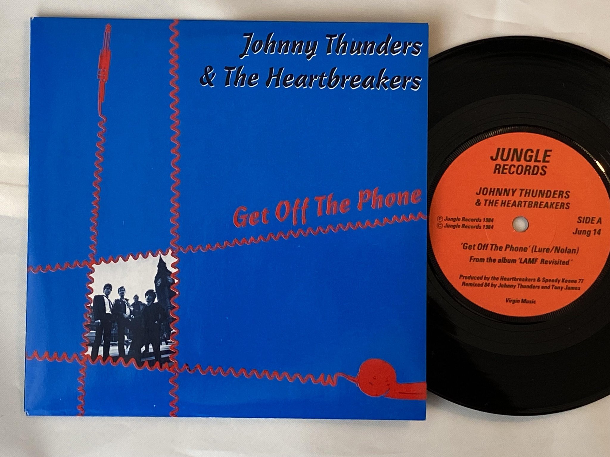 Omslagsbild för skivan JOHNNY THUNDERS & THE HEARTBREAKERS get off the phone 7" -84 JUNGLE JUNG 14
