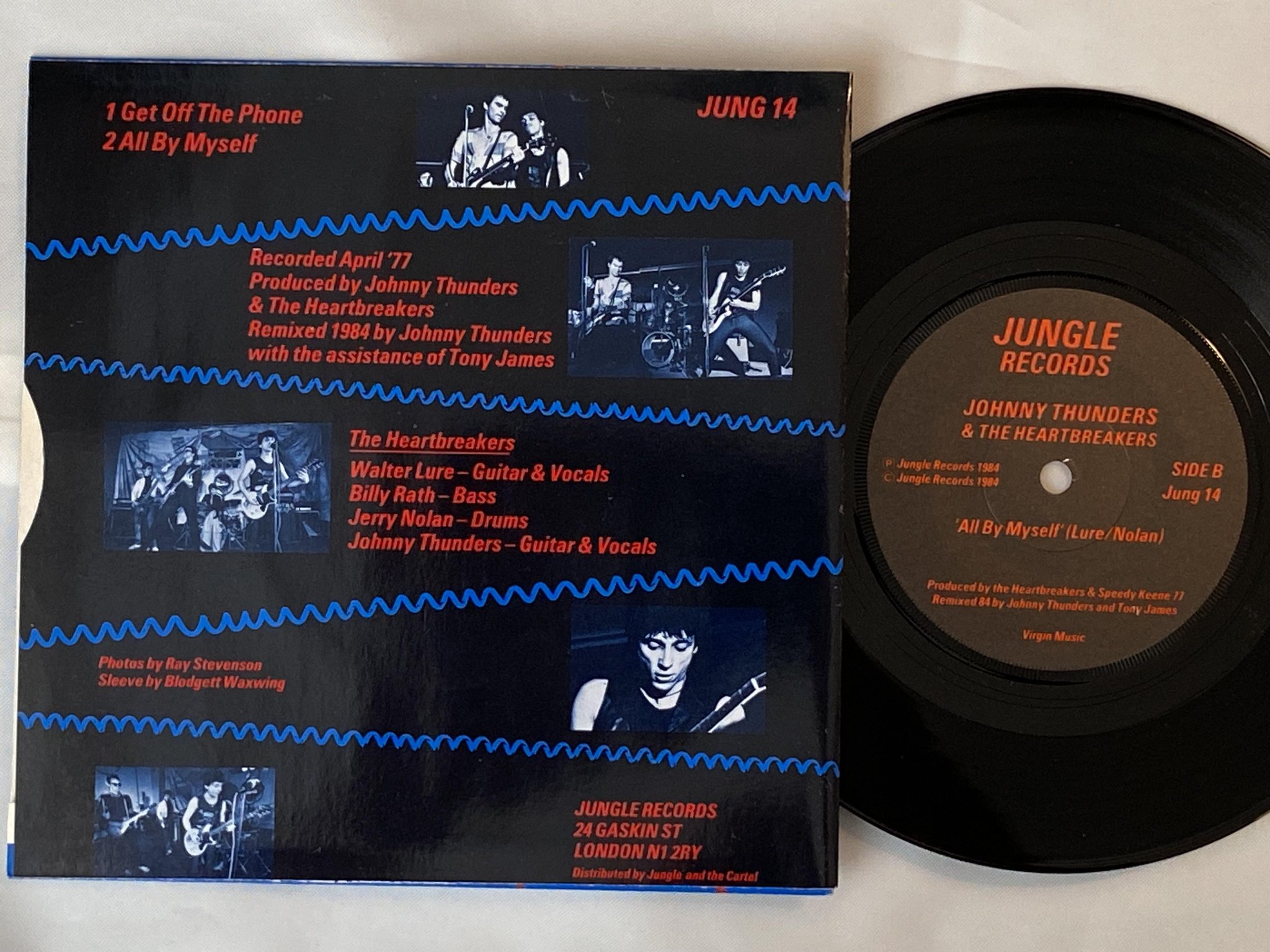 Omslagsbild för skivan JOHNNY THUNDERS & THE HEARTBREAKERS get off the phone 7" -84 JUNGLE JUNG 14