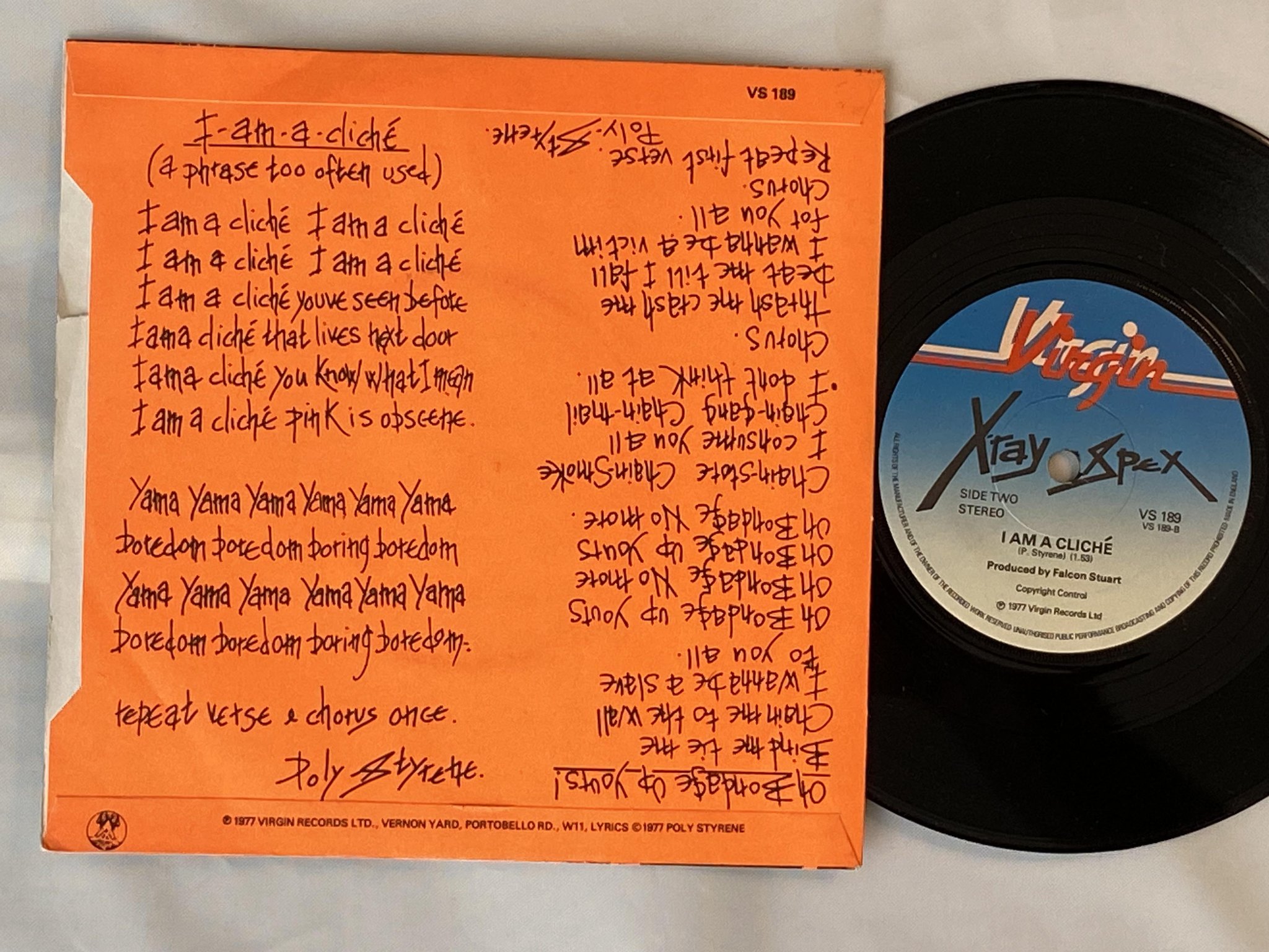 Omslagsbild för skivan XRAY SPEX Oh Bondage Up Yours! 7" -77 UK VIRGIN VS 189 *** black text ***