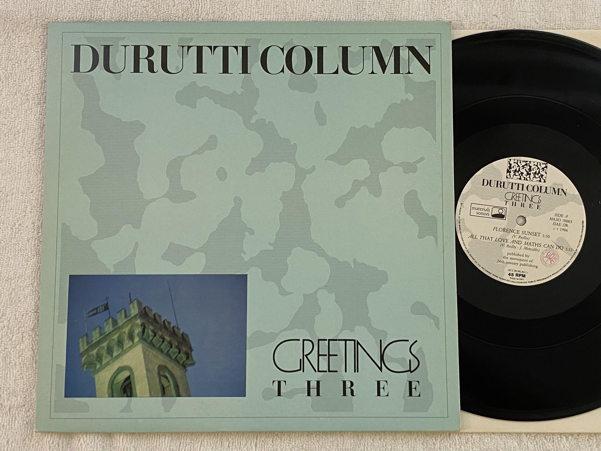 Omslagsbild för skivan DURUTTI COLUMN Greetings Three 12" -86 Ita Materiali Sonori MASO 70003