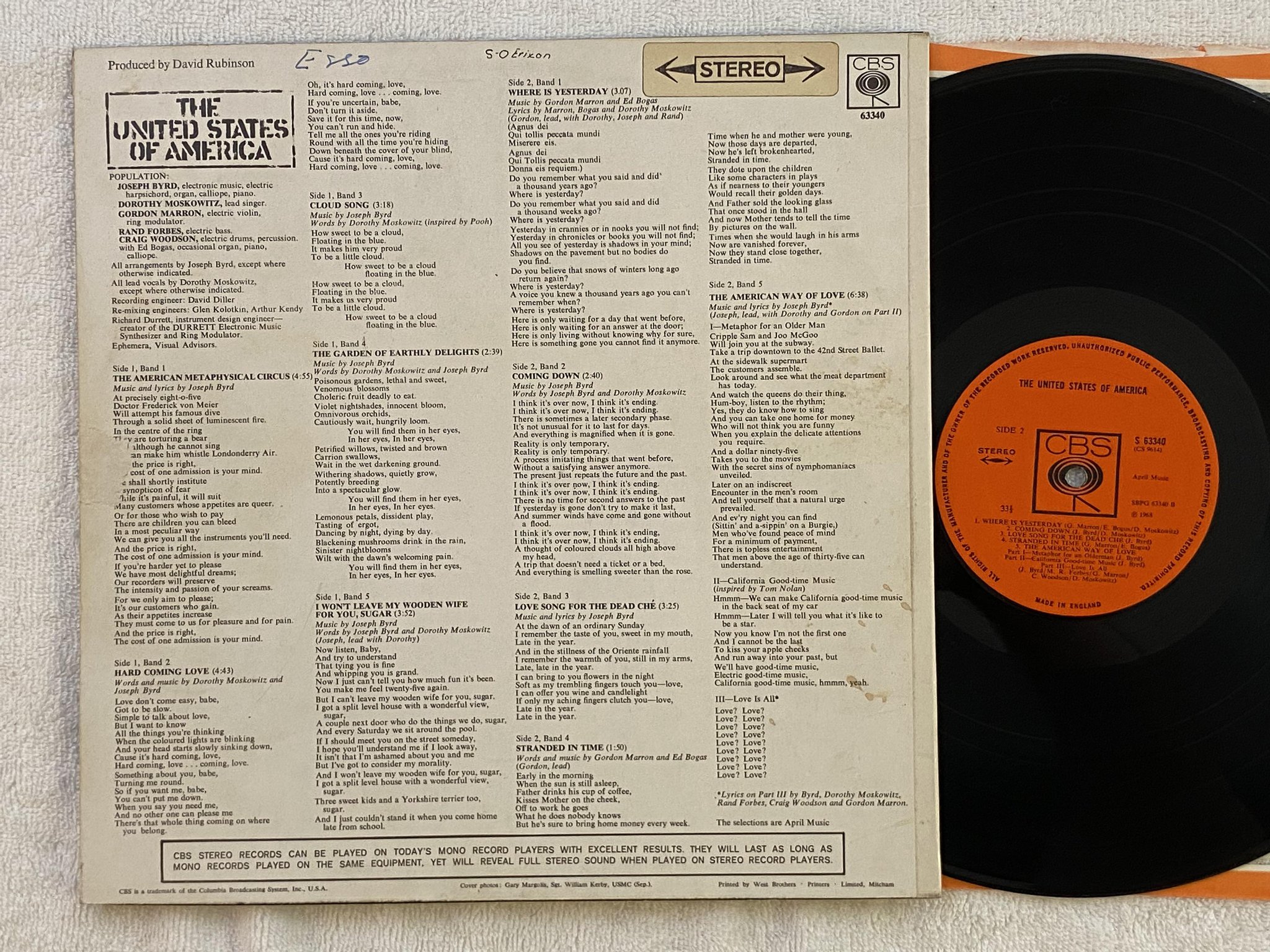 Omslagsbild för skivan THE UNITED STATES OF AMERICA LP -68 UK CBS S 63340 *** CLASSIC ***