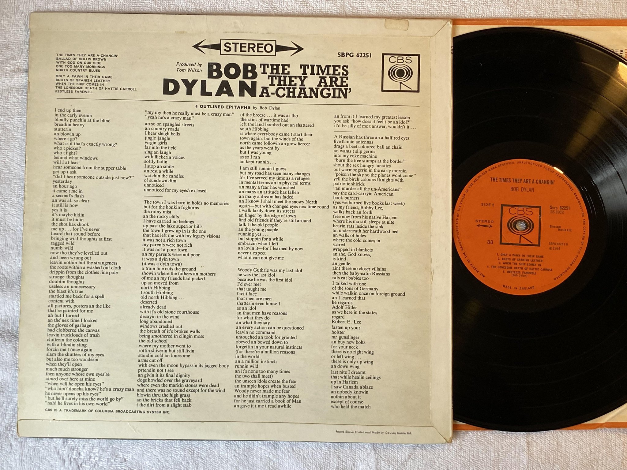 Omslagsbild för skivan BOB DYLAN The Times They Are A-Changin' LP -64 UK 1st press CBS 62251