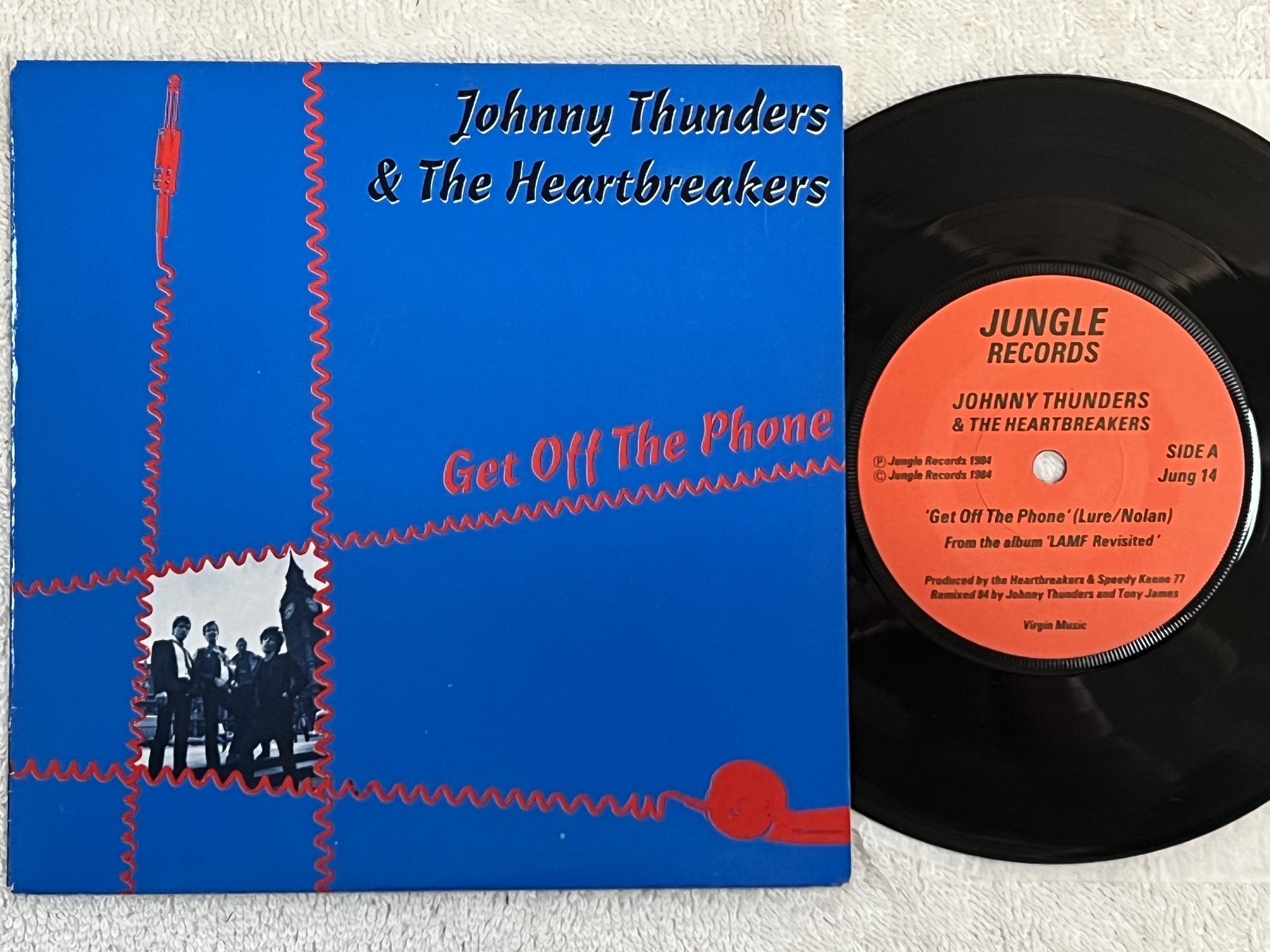 Omslagsbild för skivan JOHNNY THUNDERS & THE HEARTBREAKERS get off the phone 7" -84 JUNGLE JUNG 14