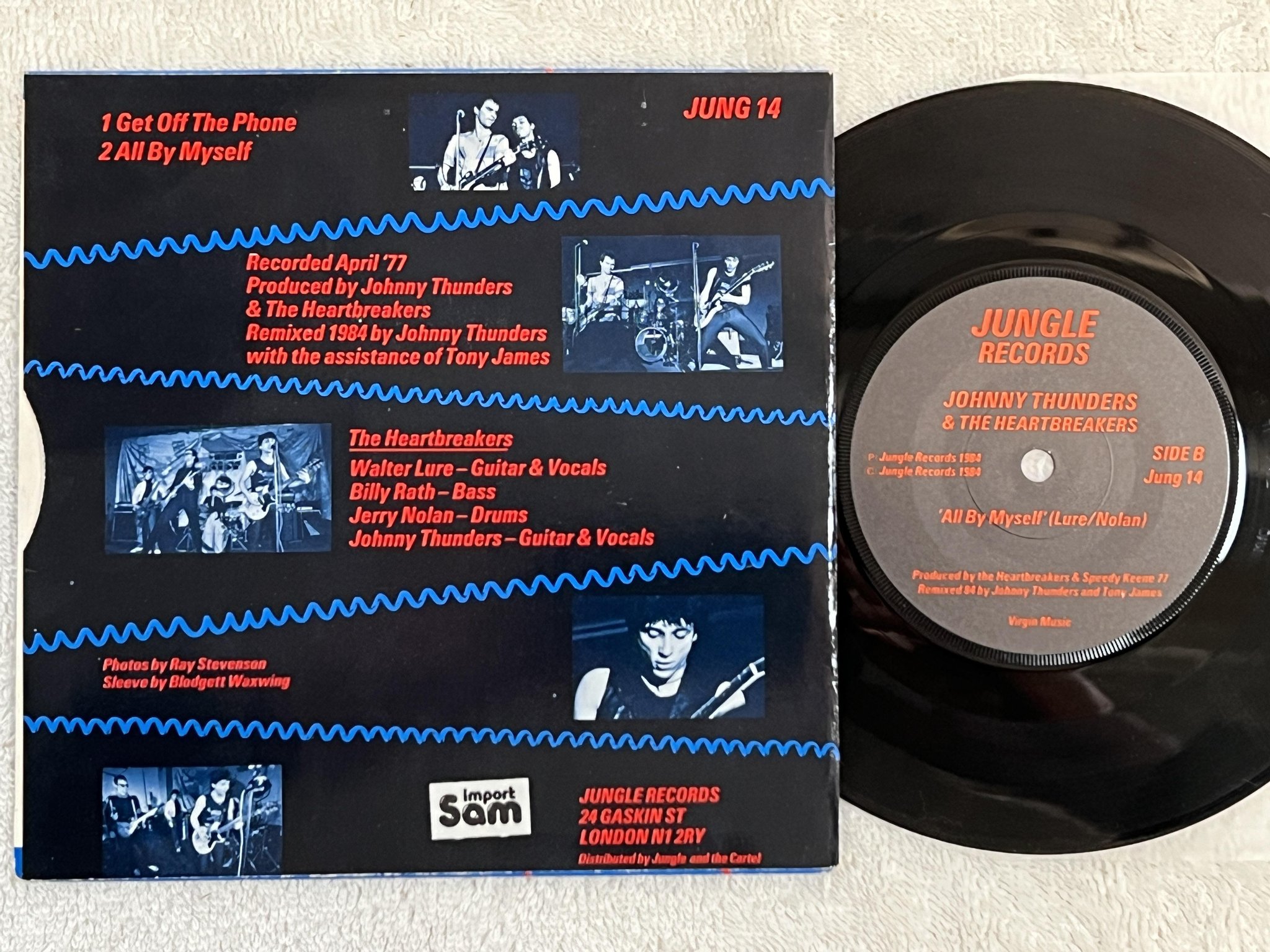 Omslagsbild för skivan JOHNNY THUNDERS & THE HEARTBREAKERS get off the phone 7" -84 JUNGLE JUNG 14