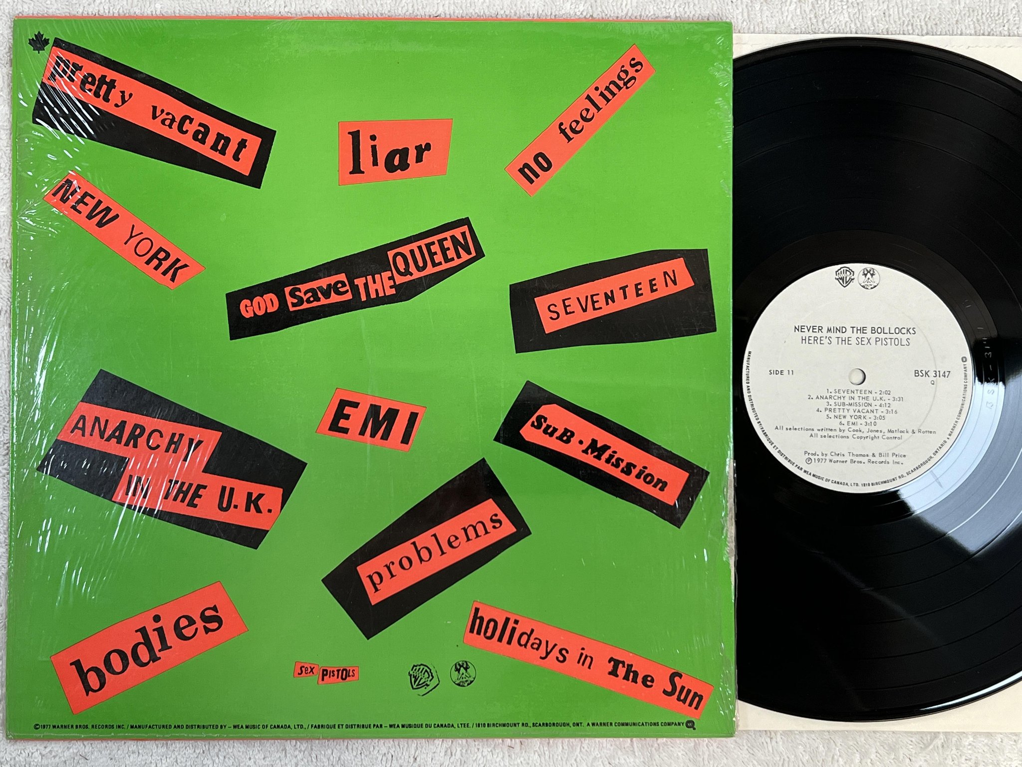 Omslagsbild för skivan SEX PISTOLS never mind the bollocks LP -77 Can WARNER BSK 3147