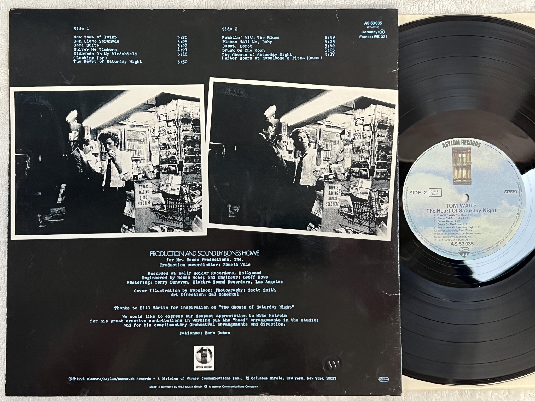 Omslagsbild för skivan TOM WAITS the heart of saturday night LP Ger ASYLUM AS 53035