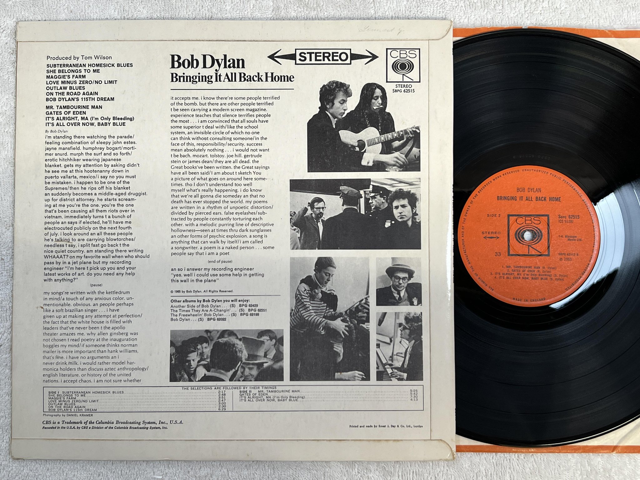 Omslagsbild för skivan BOB DYLAN bringing it all back home LP -65 UK CBS SBPG 62515 *** 33 on labels **