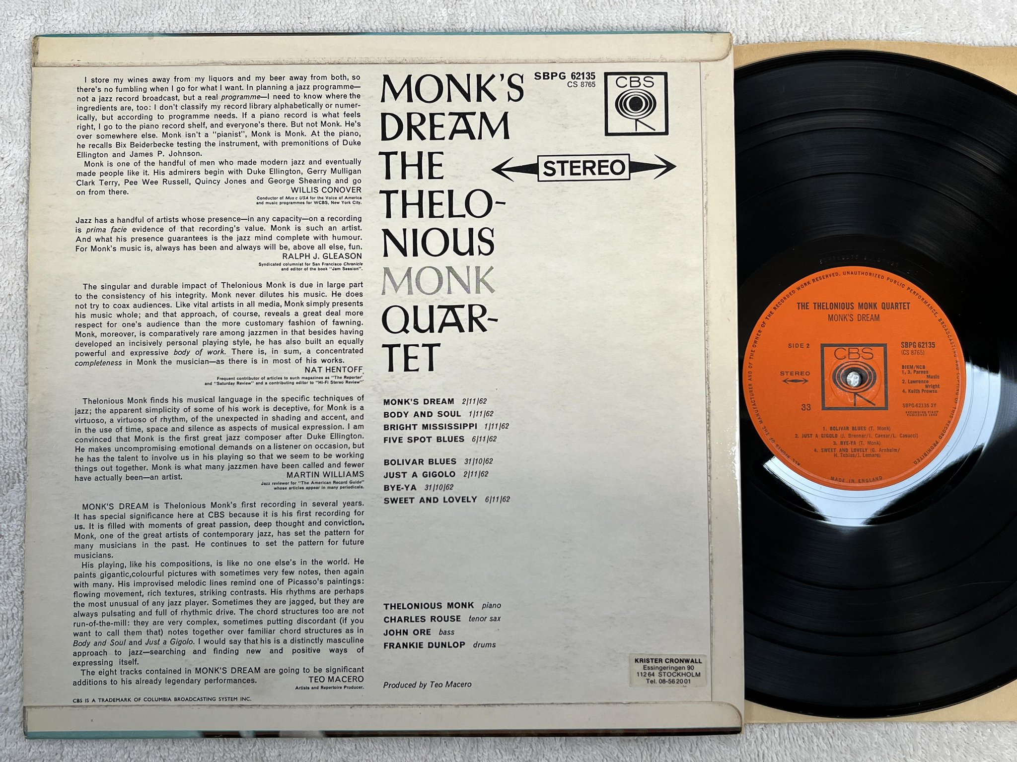 Omslagsbild för skivan THELONIOUS MONK QUARTET Monk's dream LP UK CBS SBPG 62135