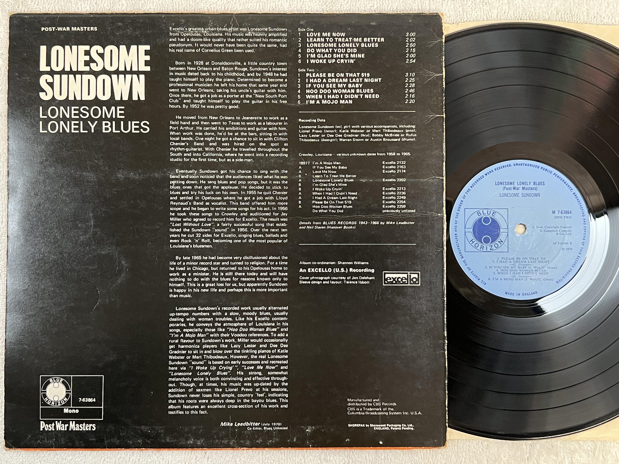 Omslagsbild för skivan LONESOME SUNDOWN Lonesome Lonely Blues LP -70 UK BLUE HORIZON 7-63864