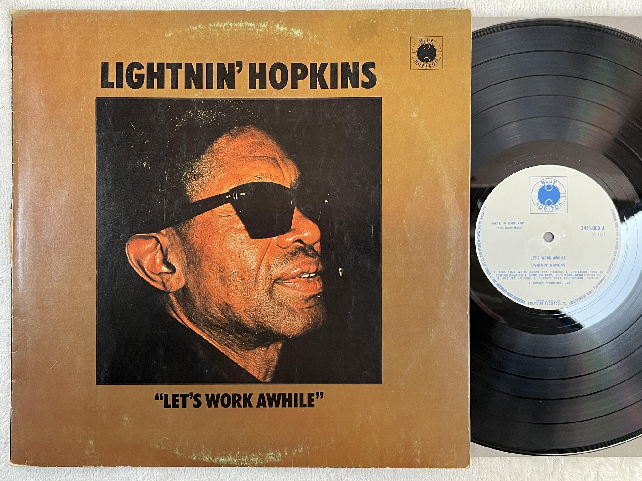 Omslagsbild för skivan LIGHTNIN HOPKINS let's work awhile LP -71 UK BLUE HORIZON 2431005