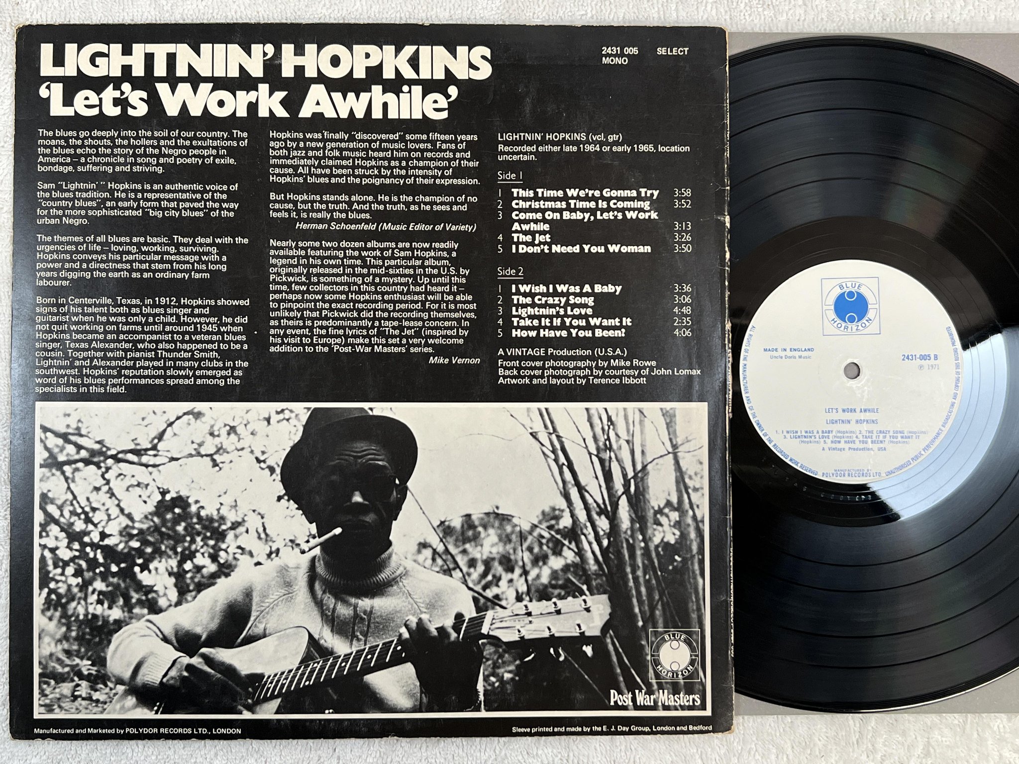 Omslagsbild för skivan LIGHTNIN HOPKINS let's work awhile LP -71 UK BLUE HORIZON 2431005