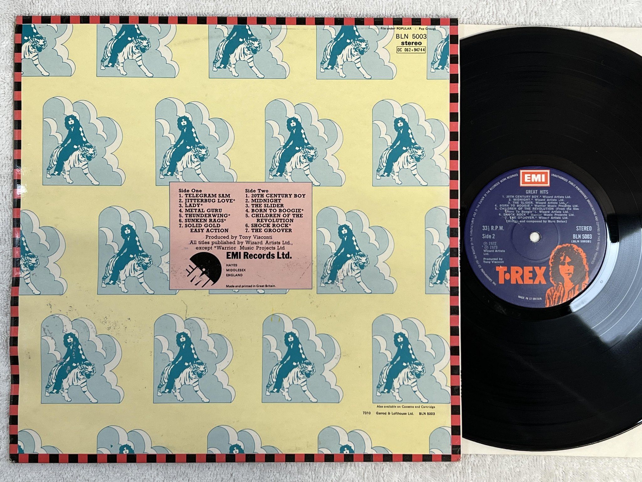 Omslagsbild för skivan T. REX great hits LP -72 UK EMI BLN 5003