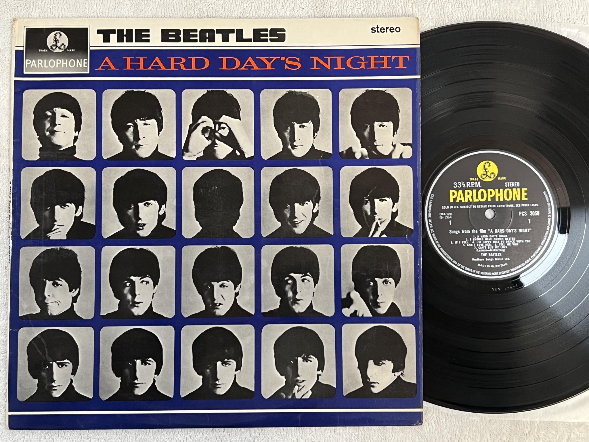 Omslagsbild för skivan THE BEATLES a hard day's night LP -64 UK PARLOPHONE PCS 3058