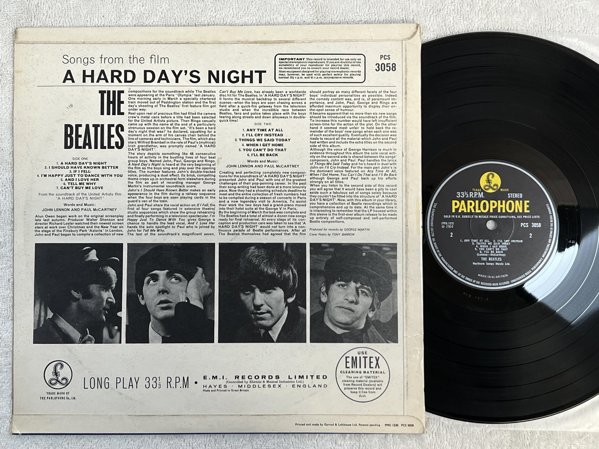 Omslagsbild för skivan THE BEATLES a hard day's night LP -64 UK PARLOPHONE PCS 3058