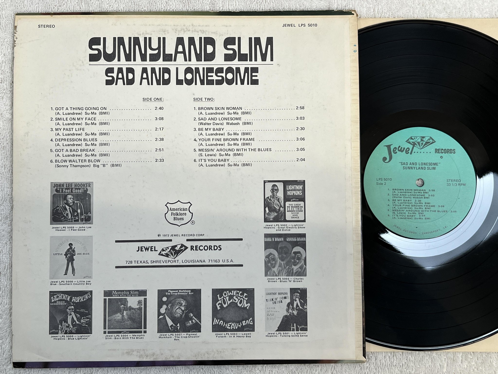 Omslagsbild för skivan SUNNYLAND SLIM Sad And Lonesome LP -72 US JEWEL LPS 5010