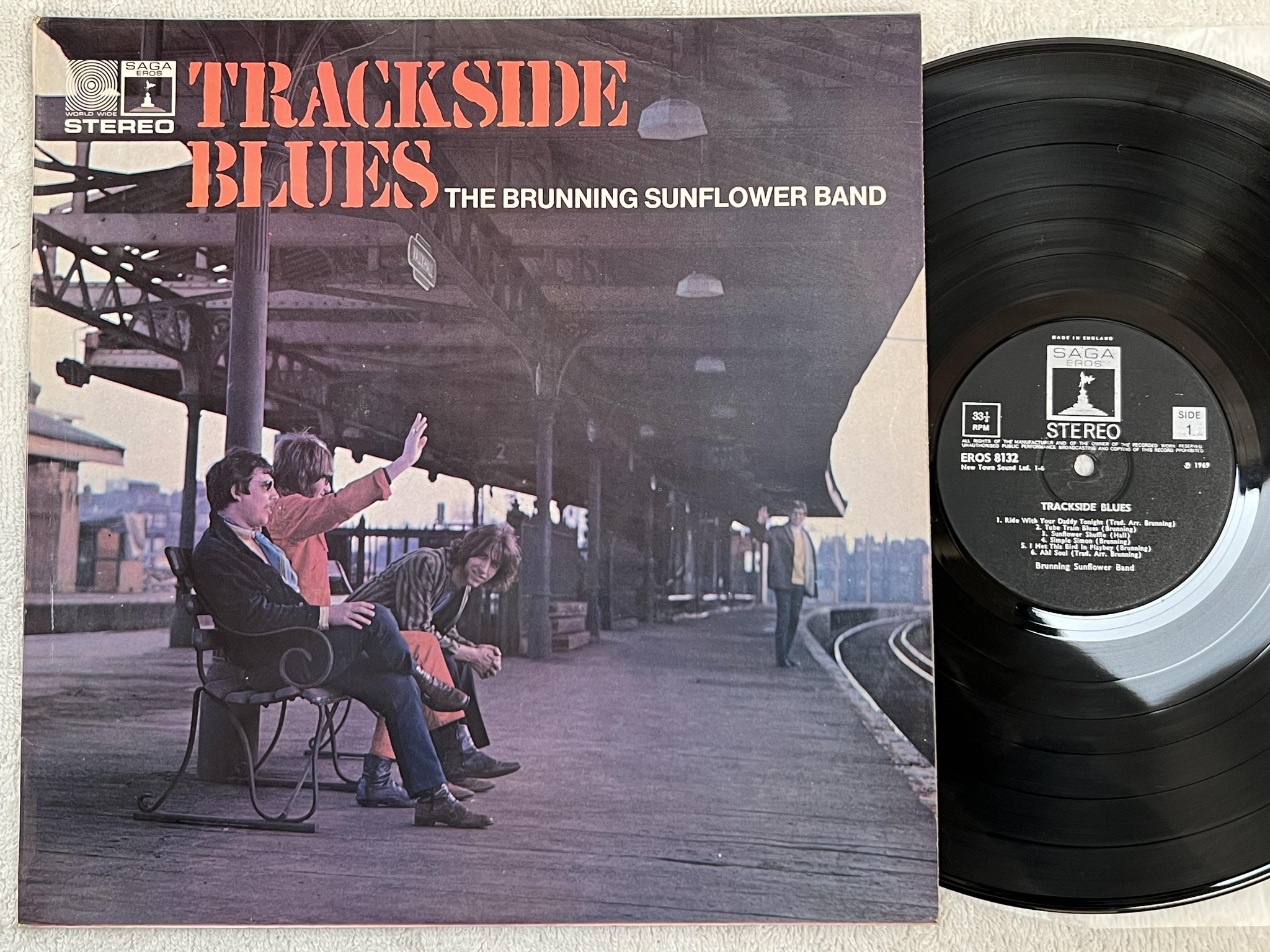 Omslagsbild för skivan BRUNNING SUNFLOWER BAND trackside blues LP -69 UK SAGA EROS 8132