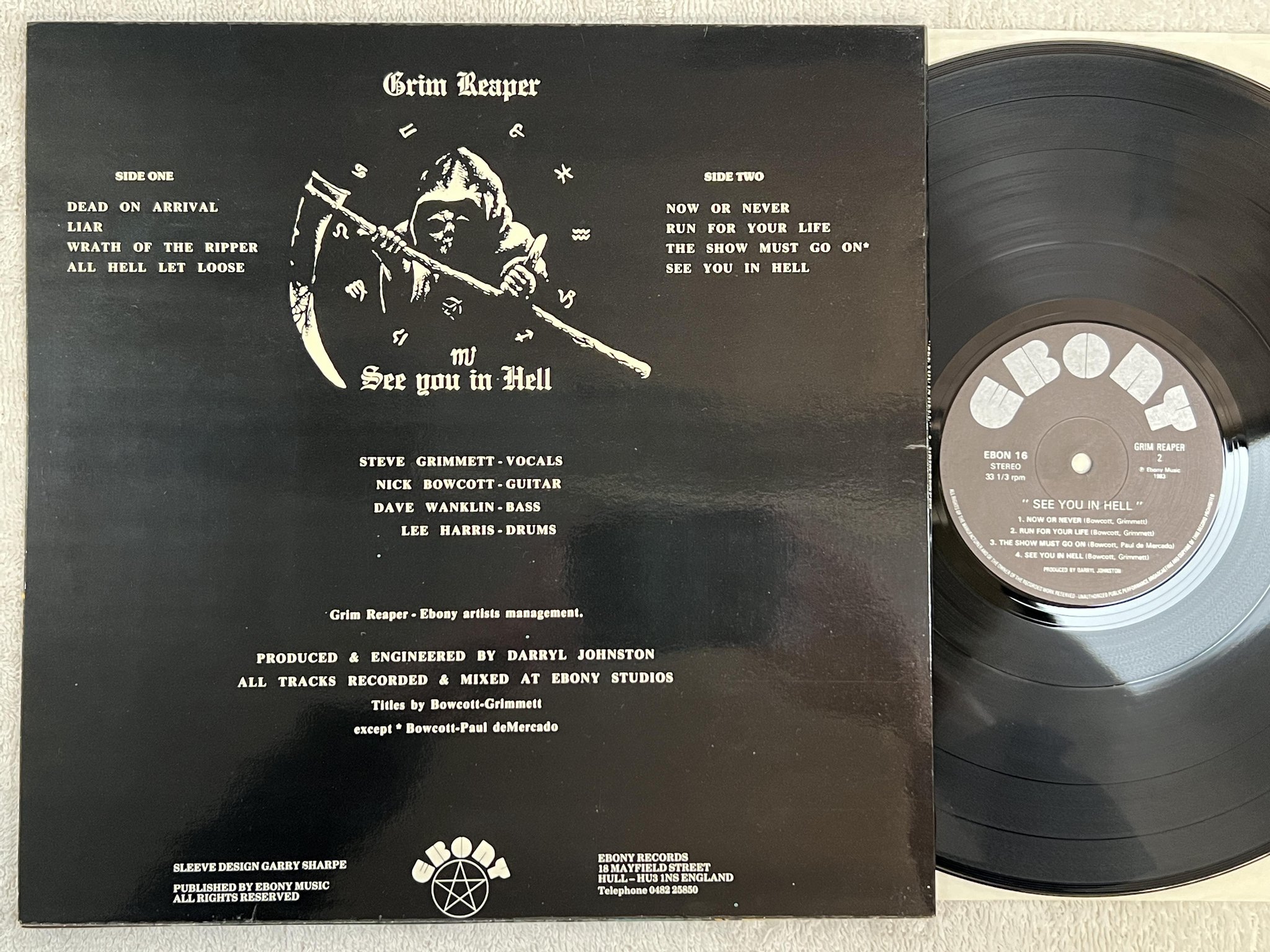 Omslagsbild för skivan GRIM REAPER See You In Hell LP -83 UK EBONY EBON 16
